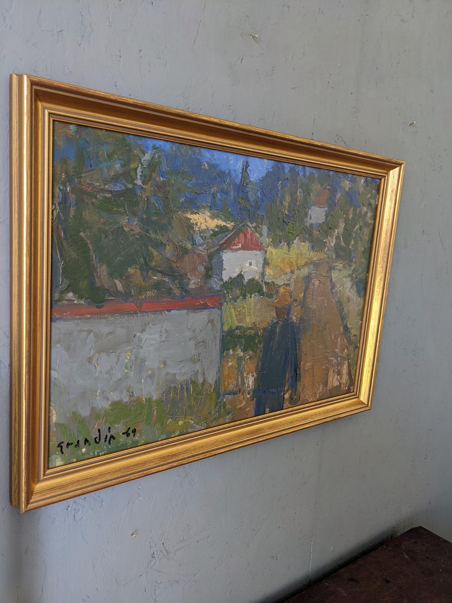 1969 Vintage Mid-Century Expressive Street Scene Oil Painting - Forest Houses For Sale 2