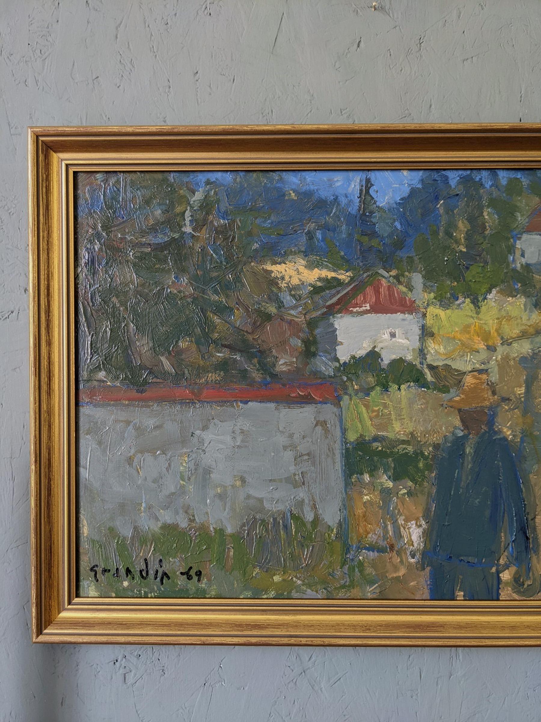 1969 Vintage Mid-Century Expressive Street Scene Oil Painting - Forest Houses For Sale 3