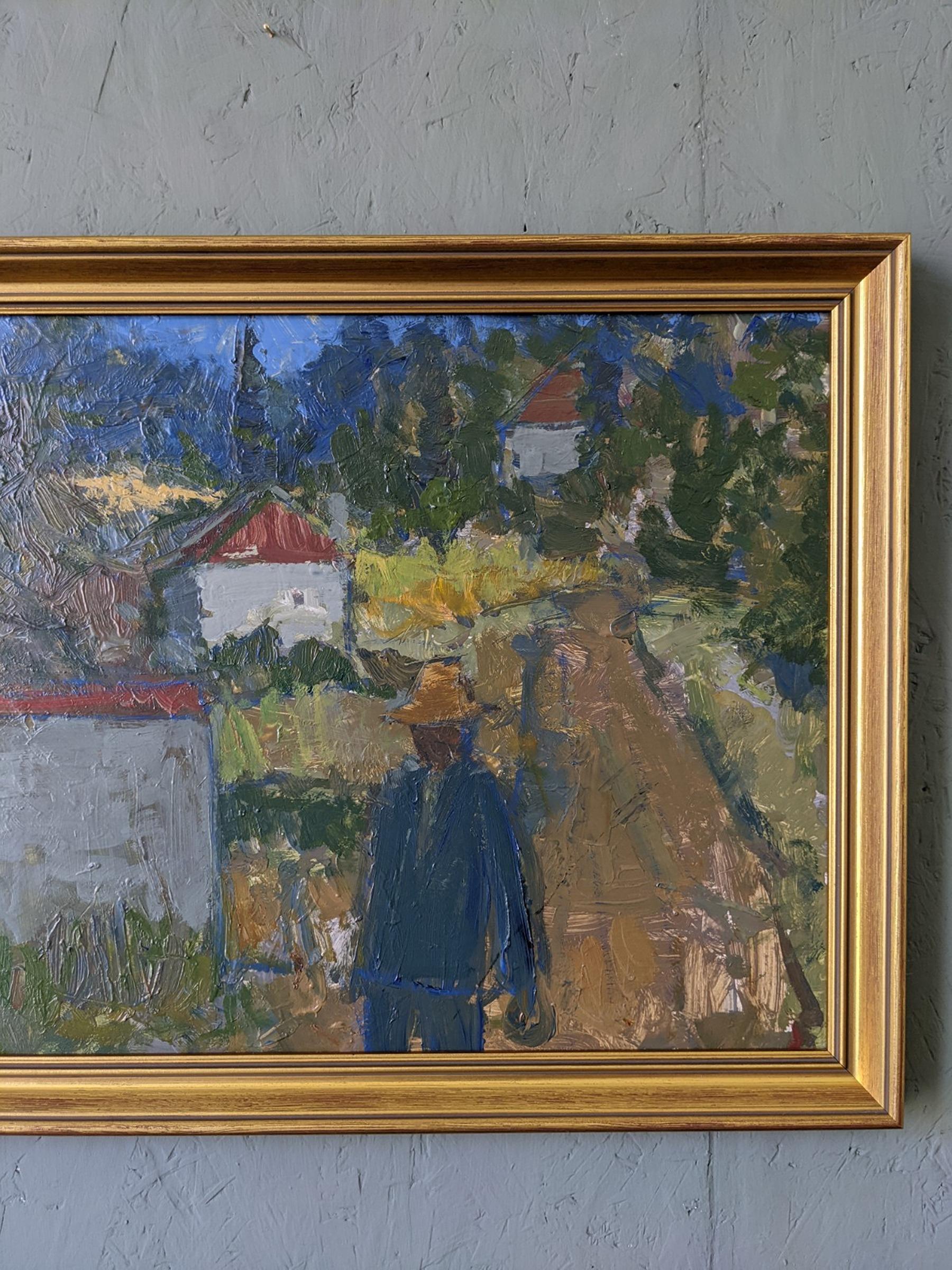 1969 Vintage Mid-Century Expressive Street Scene Oil Painting - Forest Houses For Sale 4
