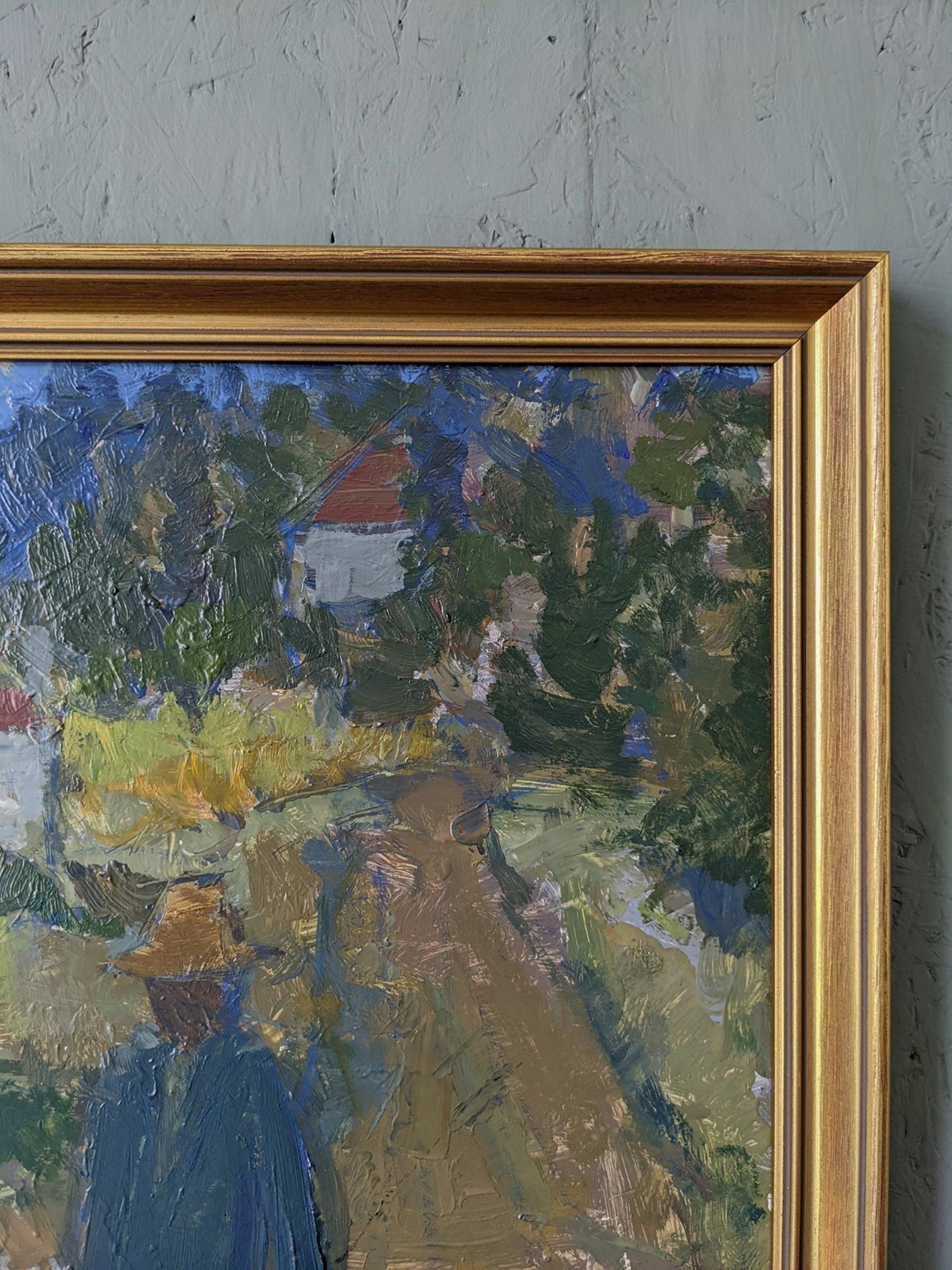 1969 Vintage Mid-Century Expressive Street Scene Oil Painting - Forest Houses For Sale 5