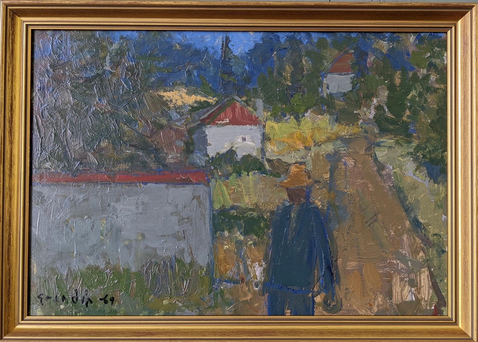 Landscape Painting Unknown - 1969 Vintage Mid-Century Expressive Street Scene Oil Painting - Forest Houses