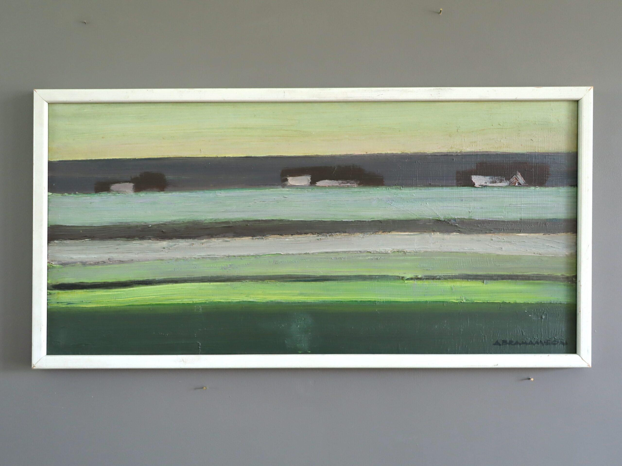 1970 Modernistische schwedische abstrakte Landschaft Ölgemälde - Häuser am Horizont – Painting von Unknown