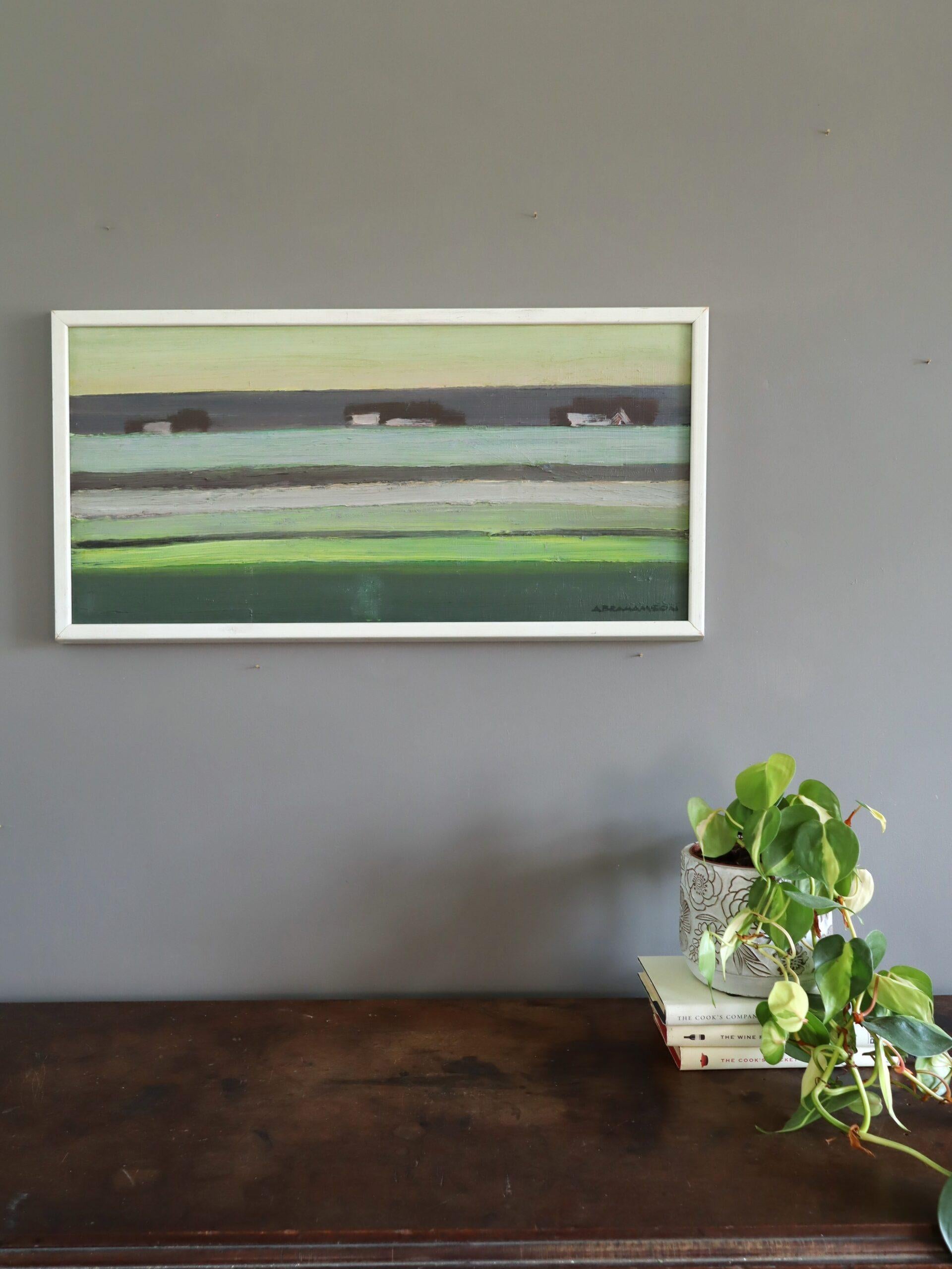 1970 Modernistische schwedische abstrakte Landschaft Ölgemälde - Häuser am Horizont (Moderne), Painting, von Unknown