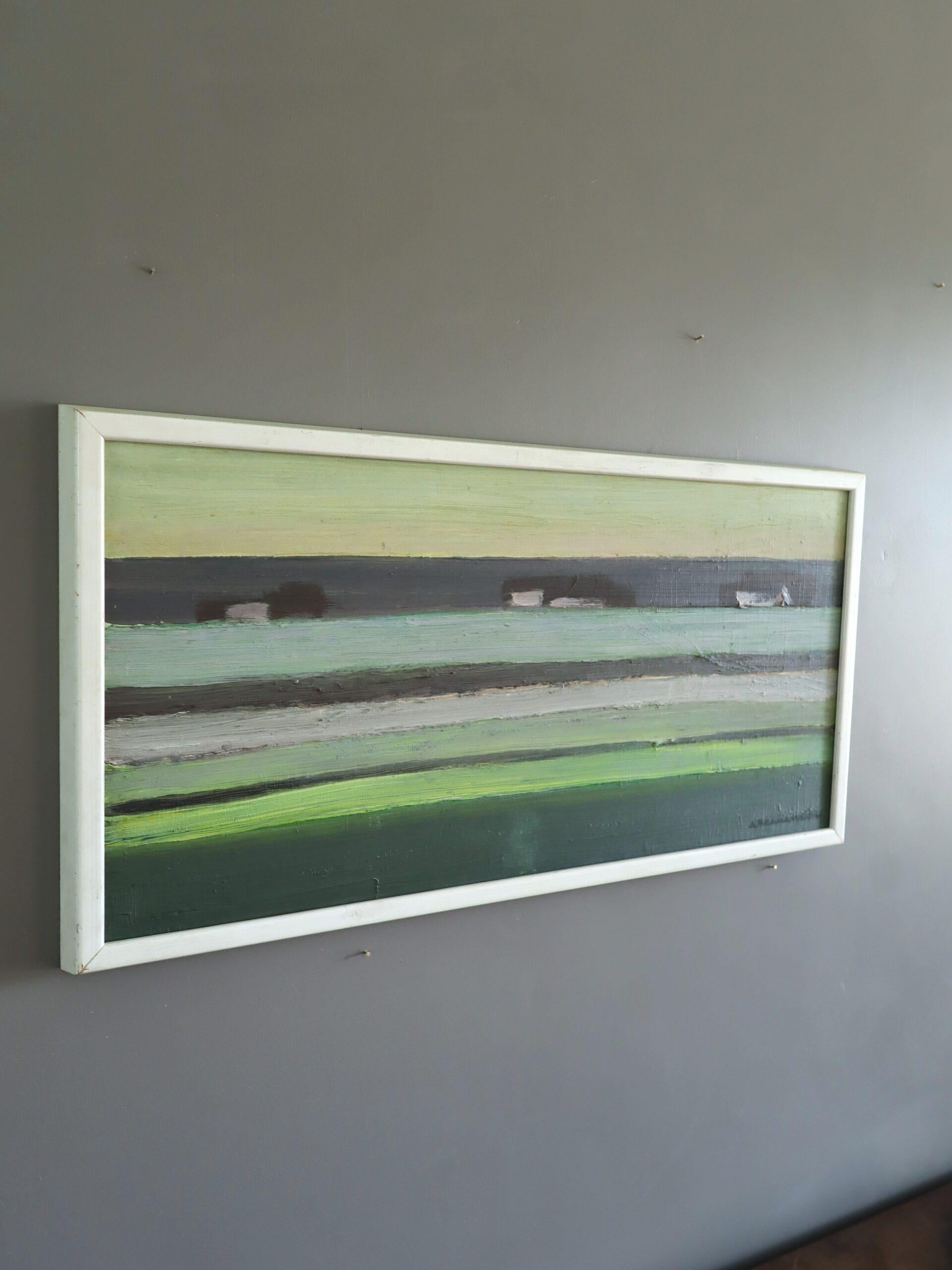 1970 Modernistische schwedische abstrakte Landschaft Ölgemälde - Häuser am Horizont (Grau), Landscape Painting, von Unknown