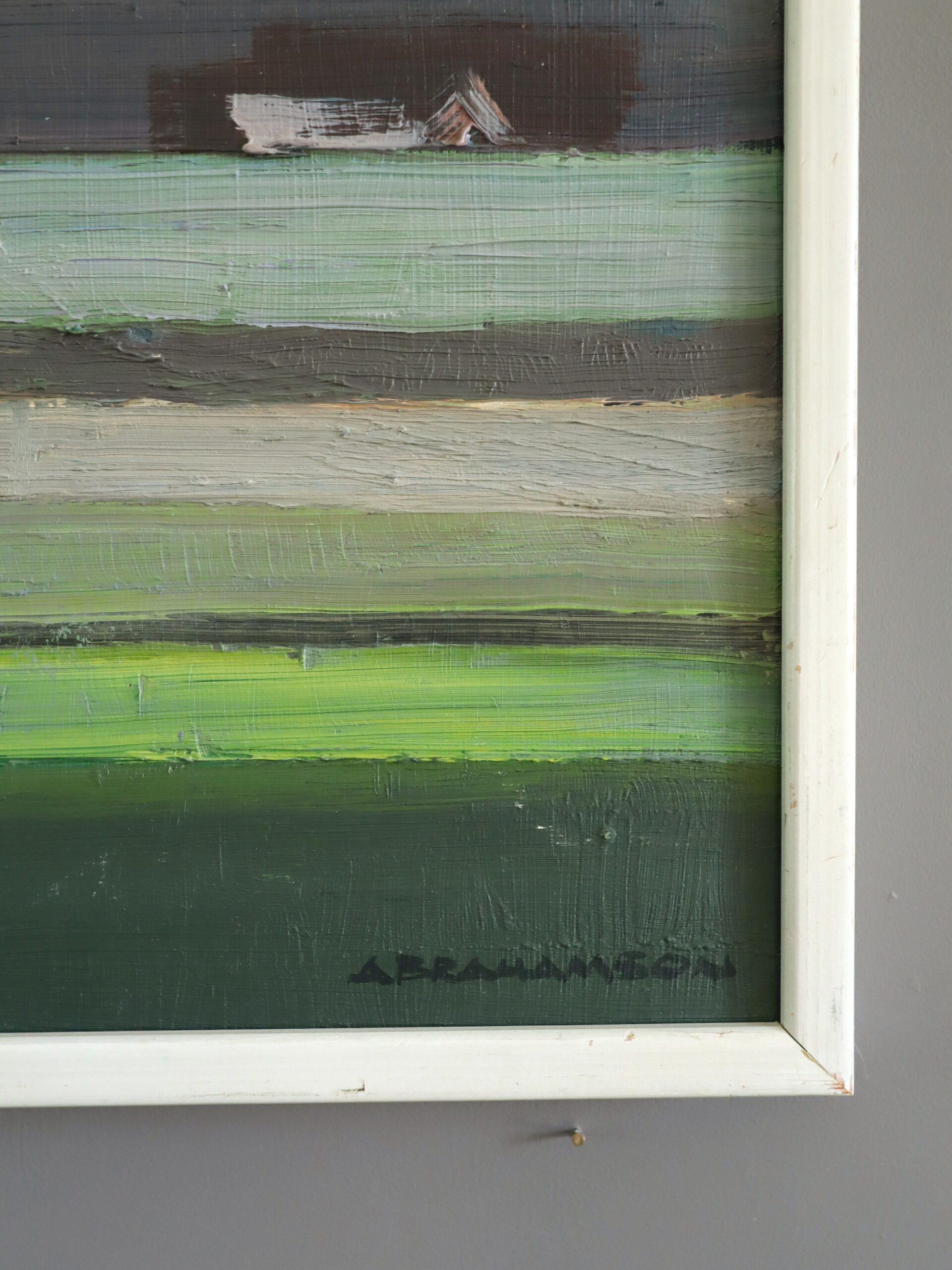 1970 Modernistische schwedische abstrakte Landschaft Ölgemälde - Häuser am Horizont im Angebot 2