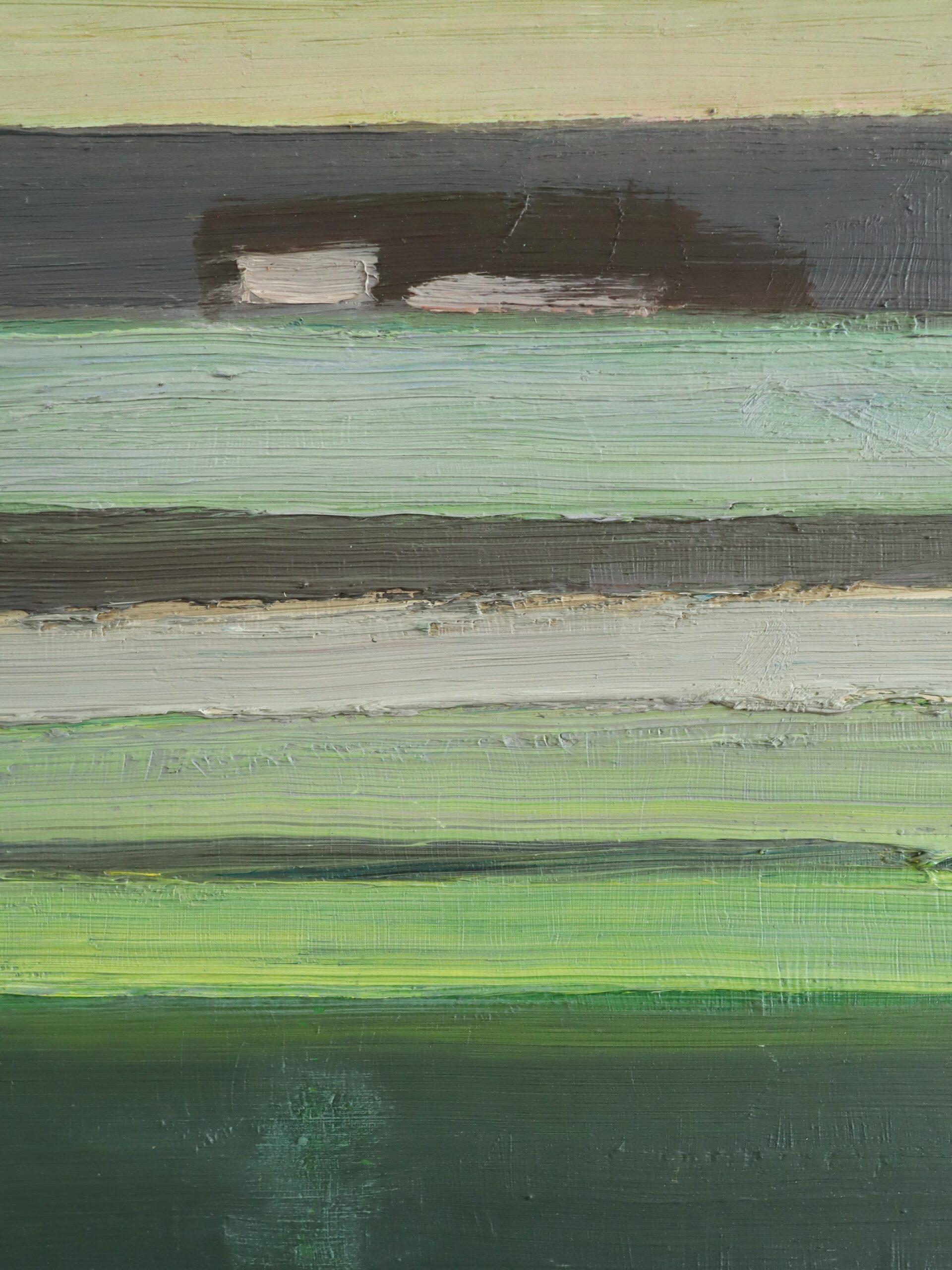1970 Modernistische schwedische abstrakte Landschaft Ölgemälde - Häuser am Horizont im Angebot 4