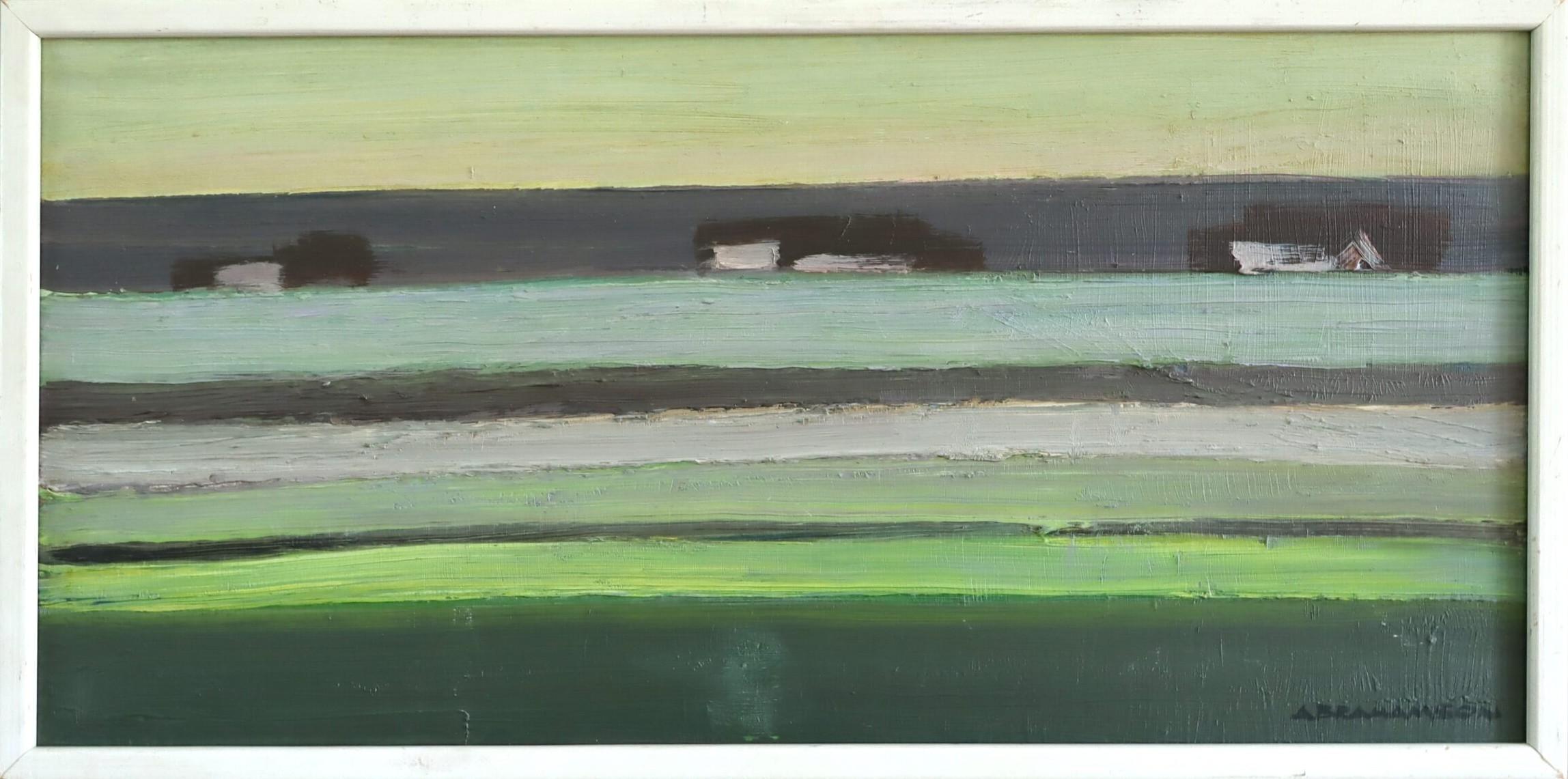 Unknown Landscape Painting – 1970 Modernistische schwedische abstrakte Landschaft Ölgemälde - Häuser am Horizont