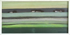 1970 Modernistische schwedische abstrakte Landschaft Ölgemälde - Häuser am Horizont