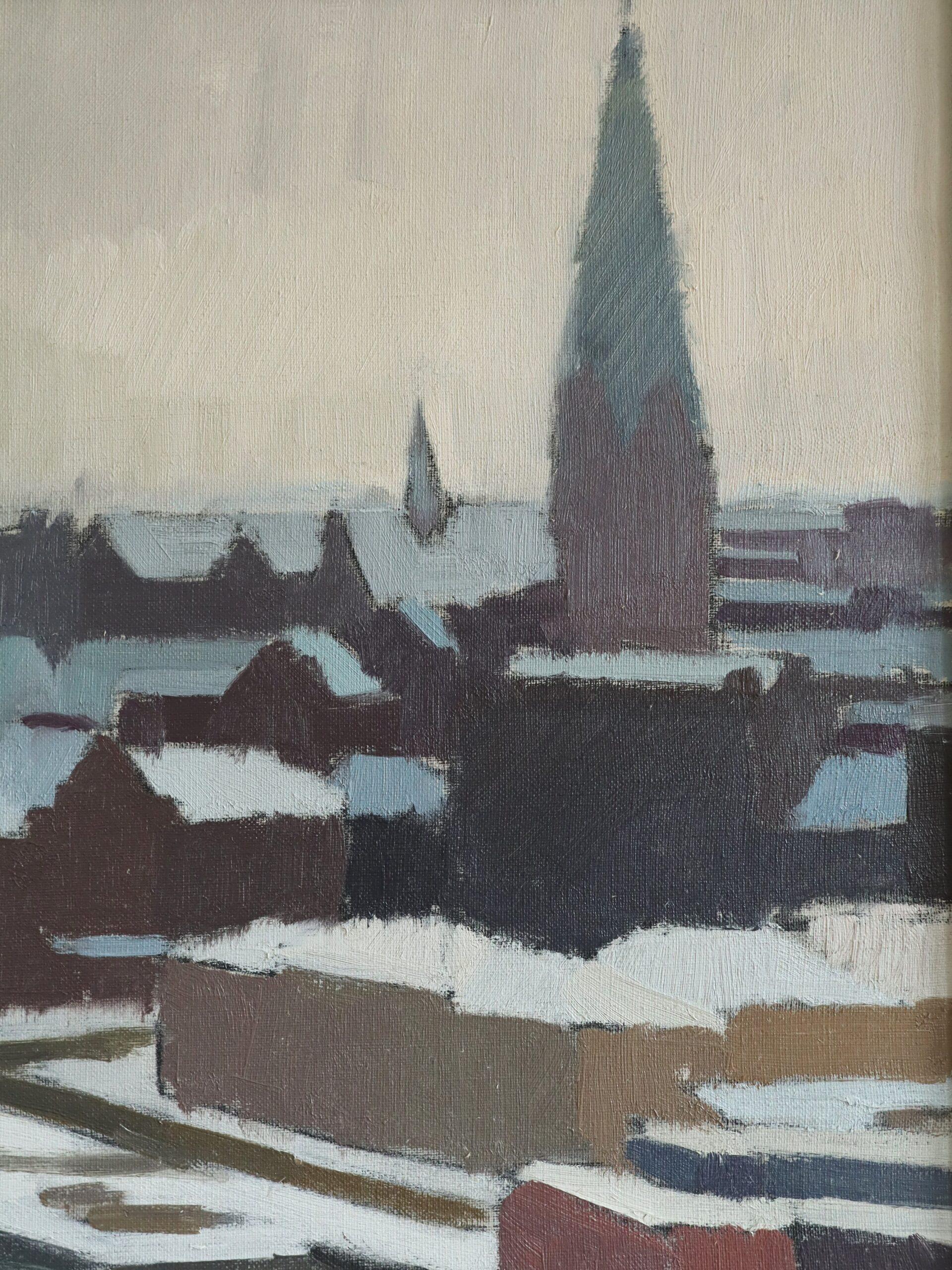 Peinture à l'huile suédoise moderniste de paysage urbain d'hiver, 1970 en vente 6