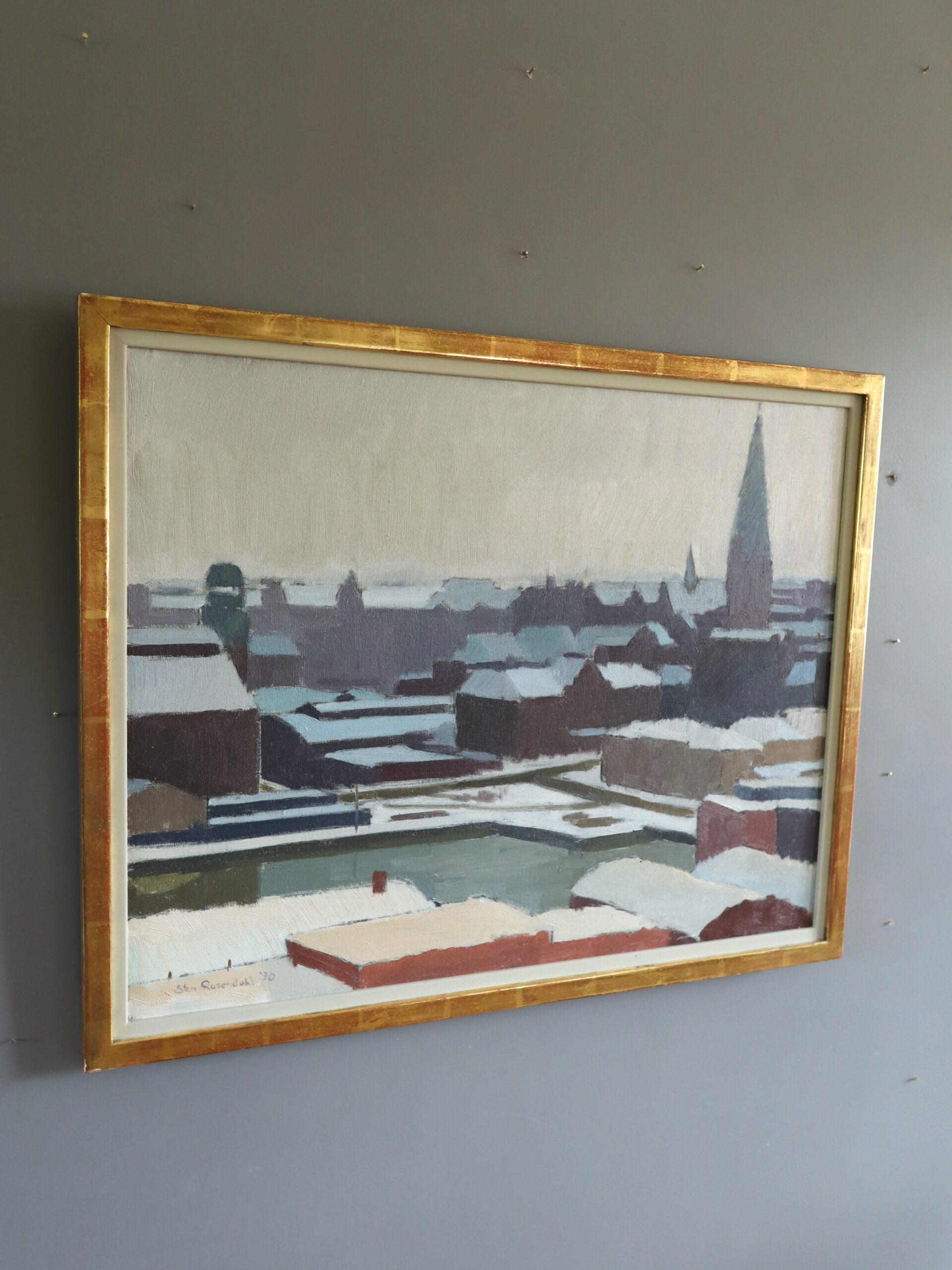 Peinture à l'huile suédoise moderniste de paysage urbain d'hiver, 1970 - Gris Landscape Painting par Unknown