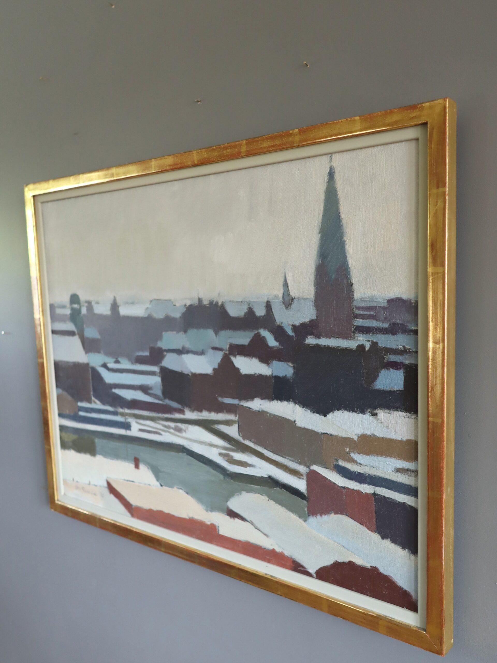 CIEL D'HIVER
Taille : 56 x 70 cm (cadre compris)
Huile sur toile

Un paysage urbain moderniste, nostalgique et discret, qui capture le calme d'une ville enneigée sous un ciel d'hiver pâle, exécuté à l'huile sur toile et daté de 1970.

La composition