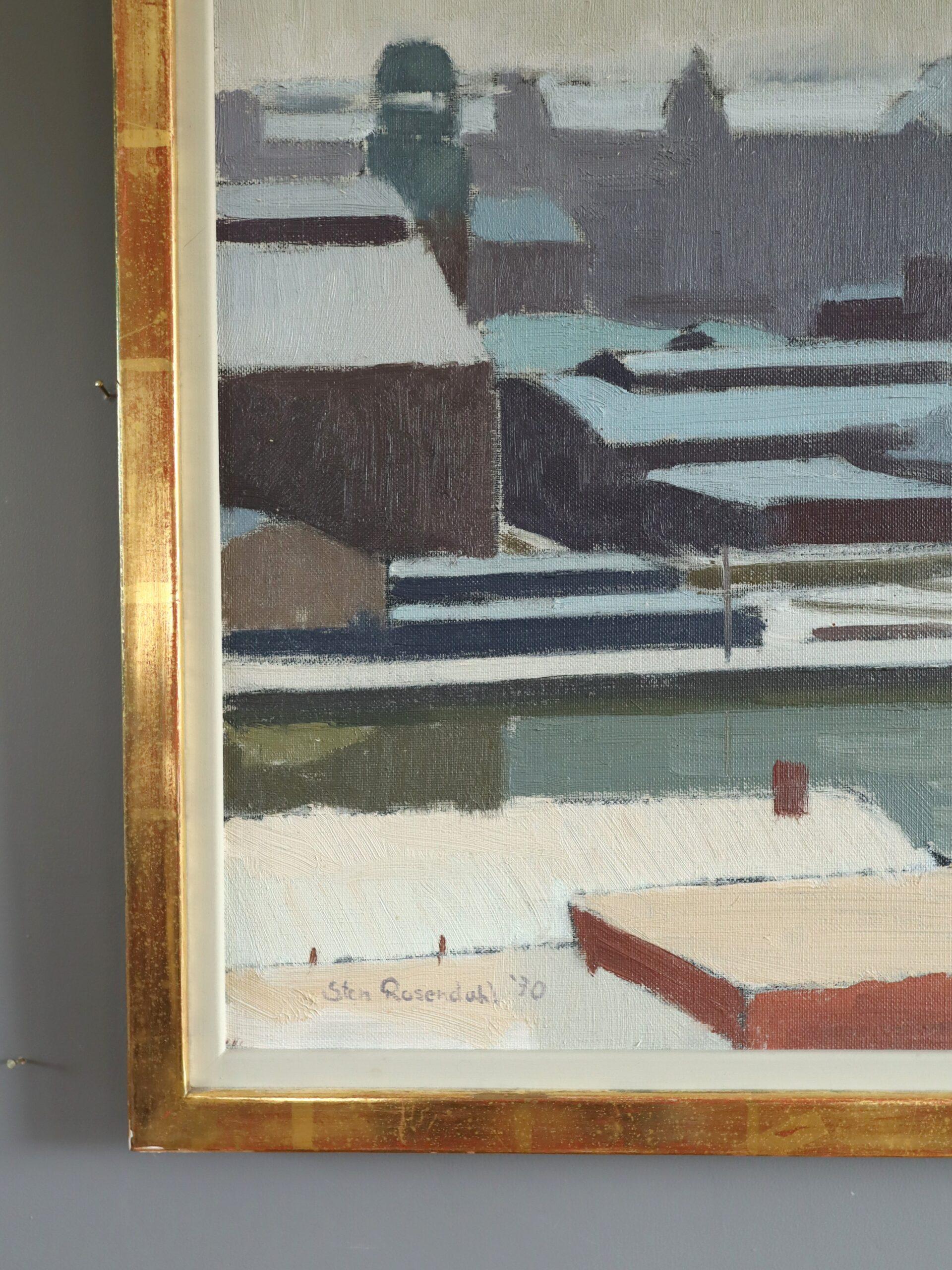 Peinture à l'huile suédoise moderniste de paysage urbain d'hiver, 1970 en vente 1