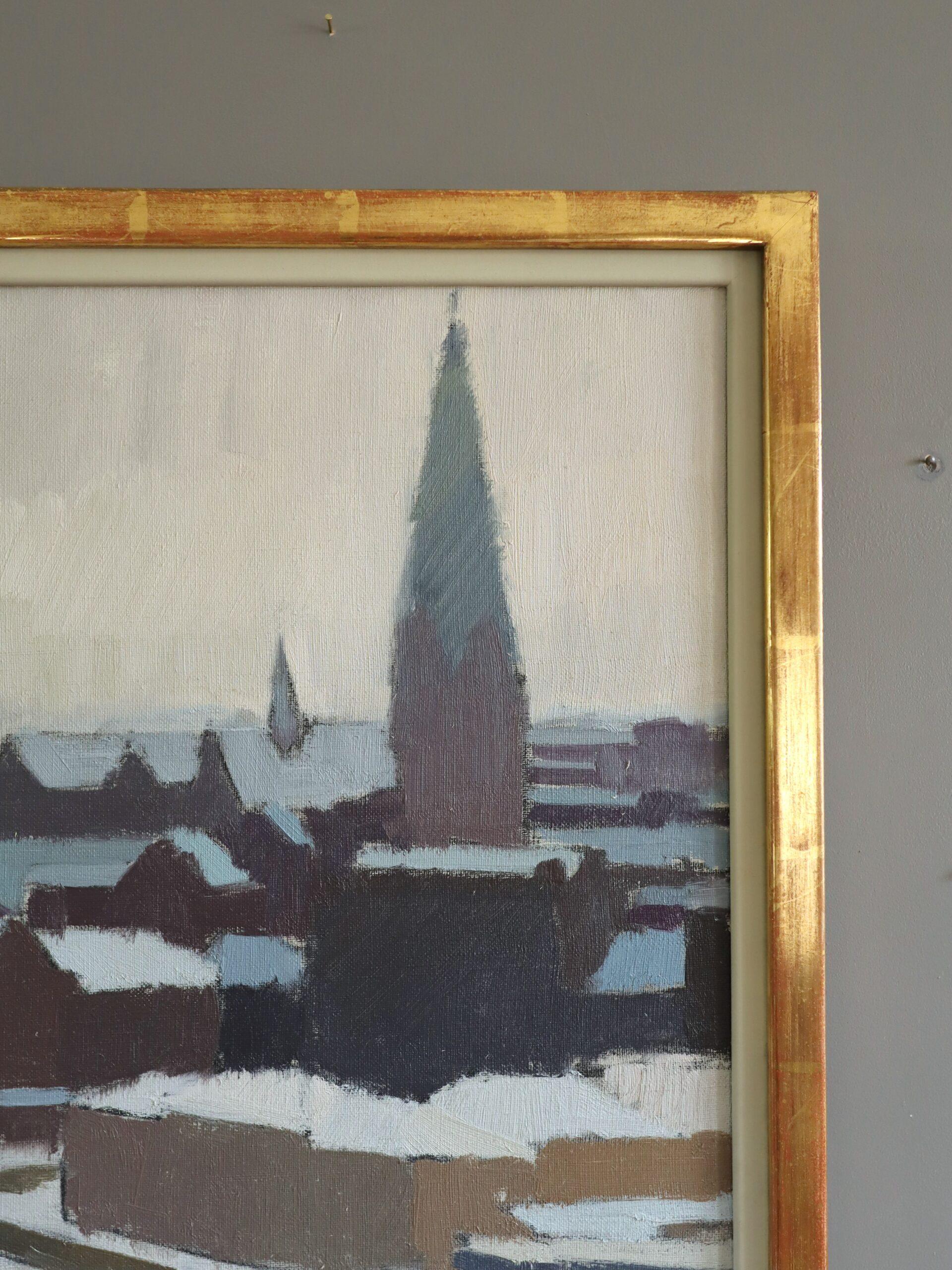 Peinture à l'huile suédoise moderniste de paysage urbain d'hiver, 1970 en vente 2
