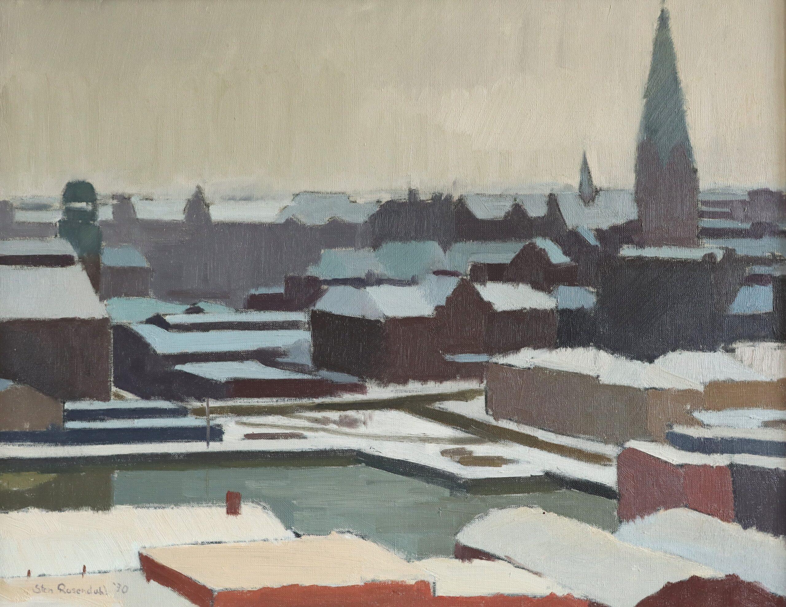 Peinture à l'huile suédoise moderniste de paysage urbain d'hiver, 1970 en vente 3