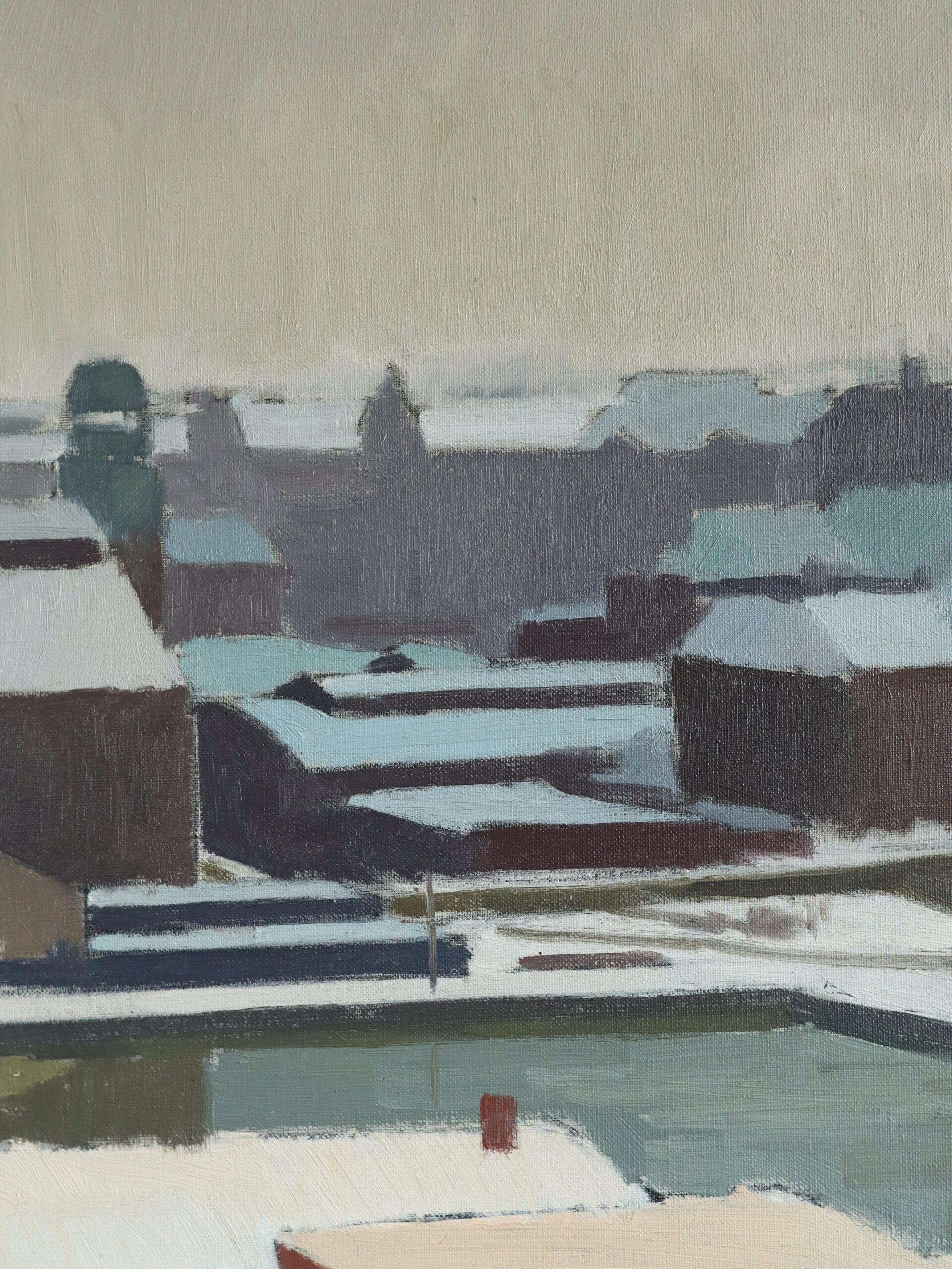 Peinture à l'huile suédoise moderniste de paysage urbain d'hiver, 1970 en vente 4