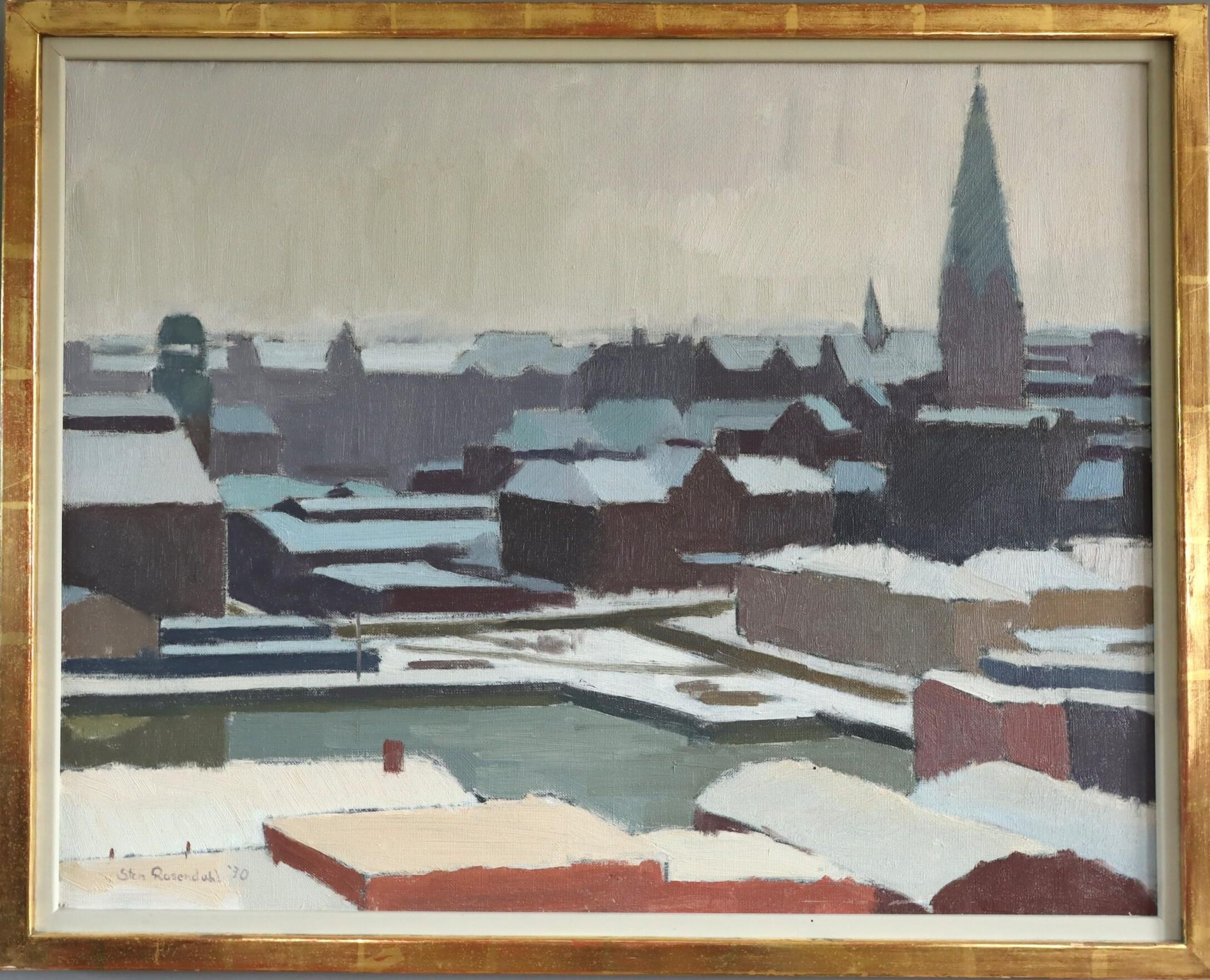 1970 Pittura ad olio Modernista Svedese - Skyline Invernale