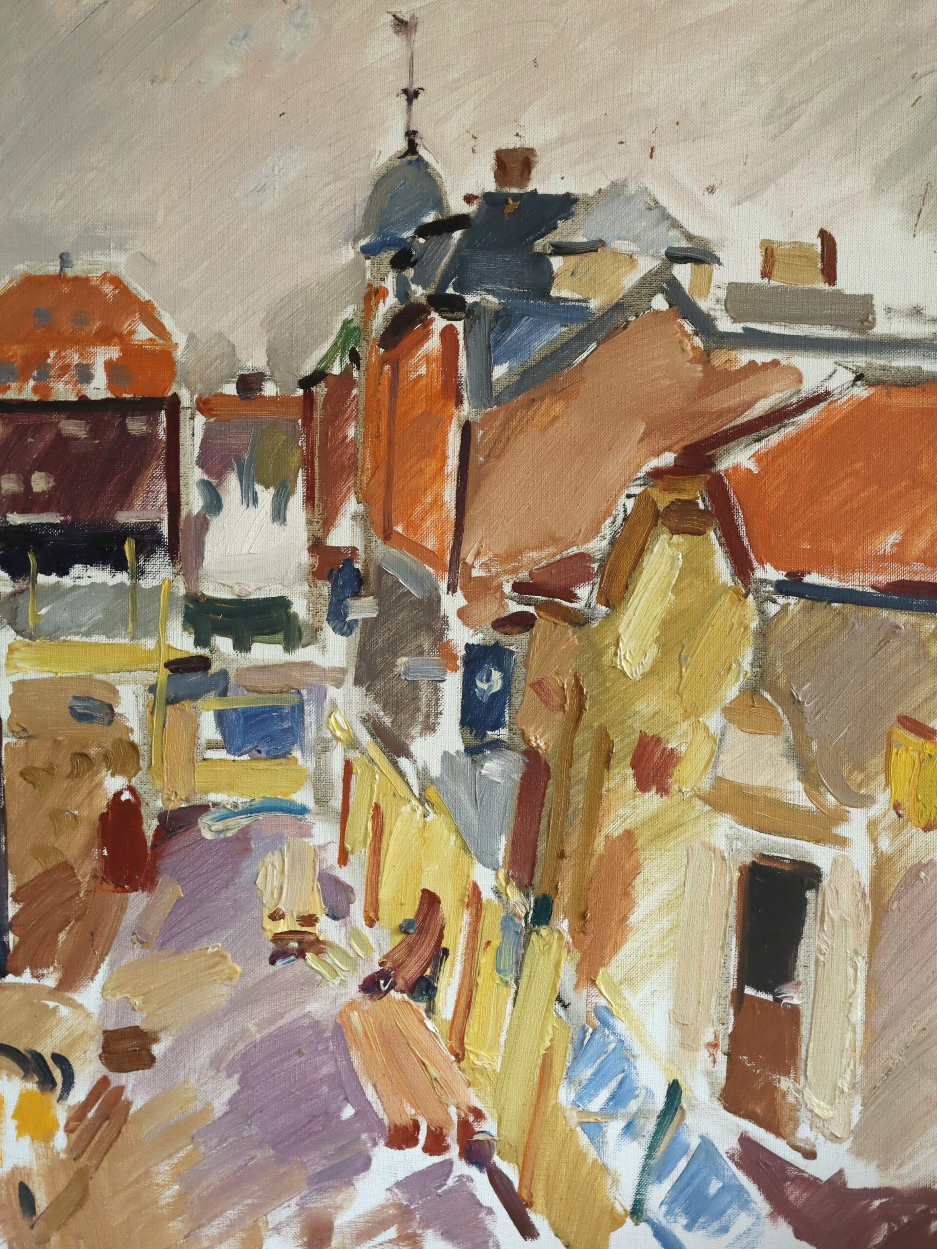1970 Modernist Vintage Original Straßenszene Ölgemälde - Impression einer Stadt im Angebot 5
