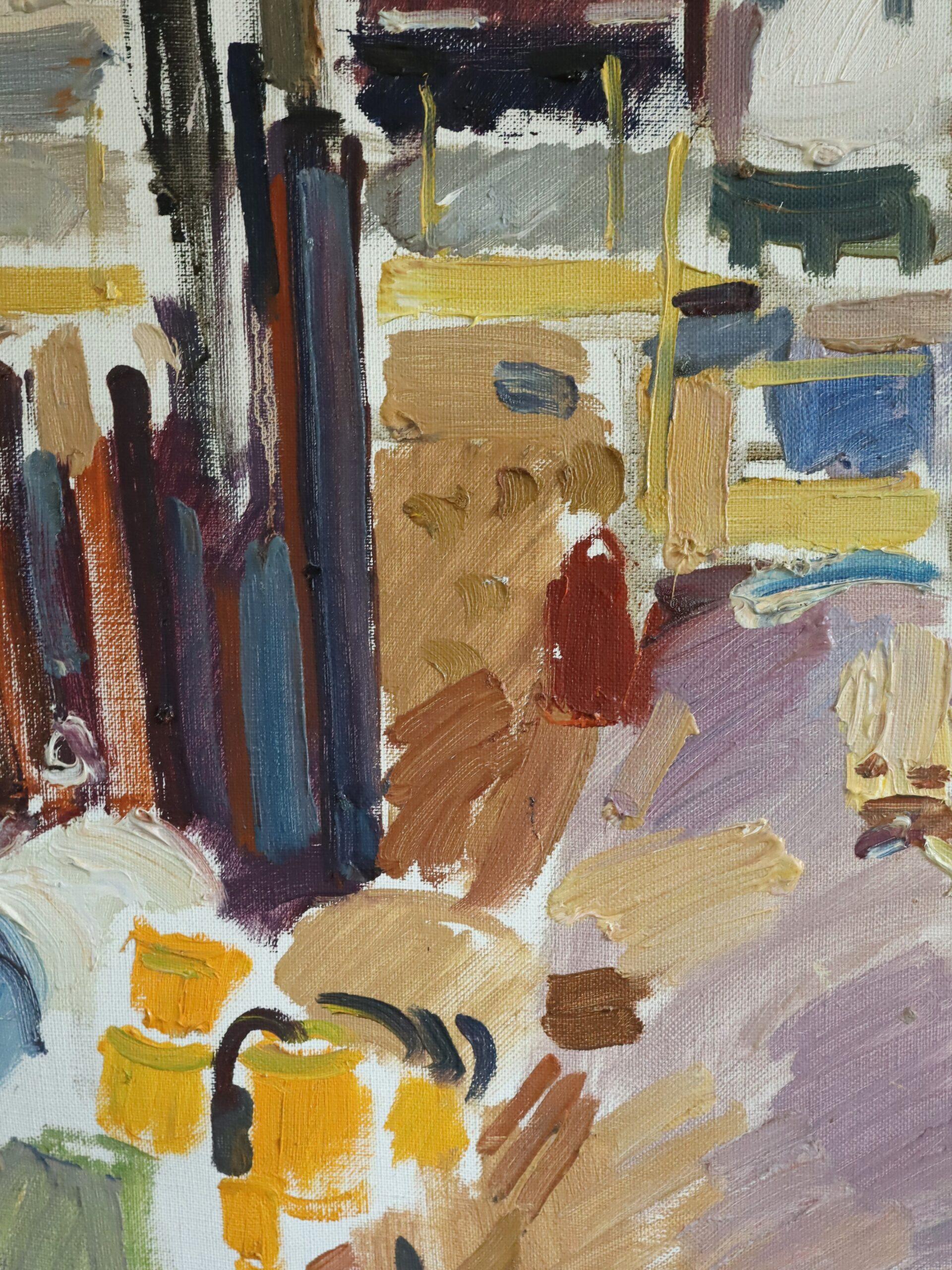 1970 Modernist Vintage Original Straßenszene Ölgemälde - Impression einer Stadt im Angebot 6