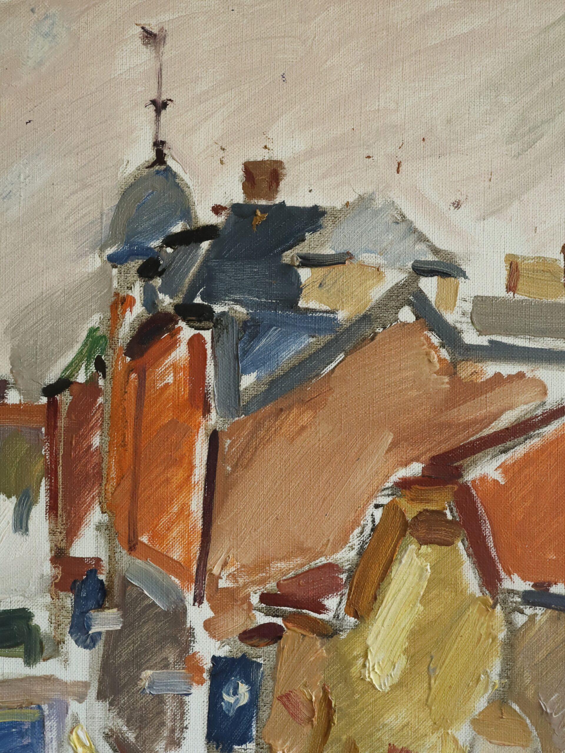 1970 Modernist Vintage Original Straßenszene Ölgemälde - Impression einer Stadt im Angebot 7