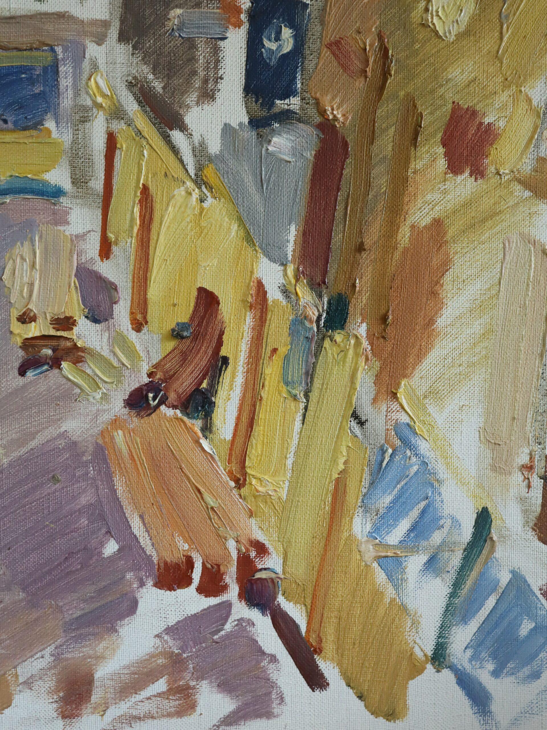 1970 Modernist Vintage Original Straßenszene Ölgemälde - Impression einer Stadt im Angebot 8