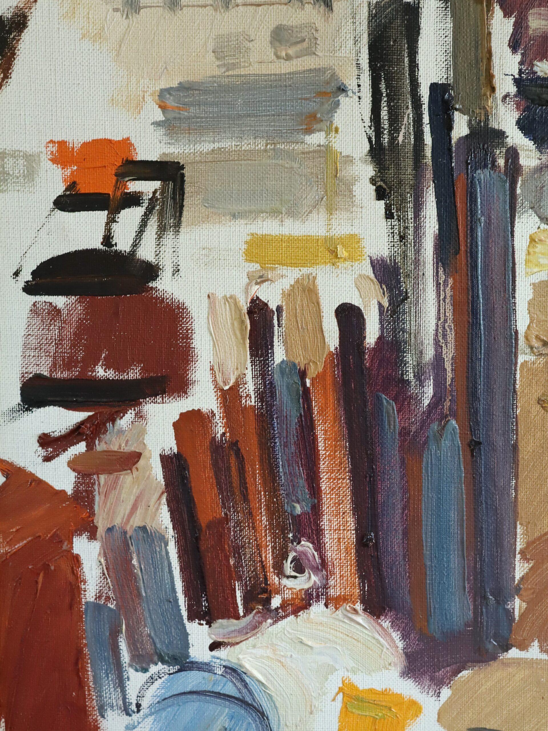 1970 Modernist Vintage Original Straßenszene Ölgemälde - Impression einer Stadt im Angebot 9