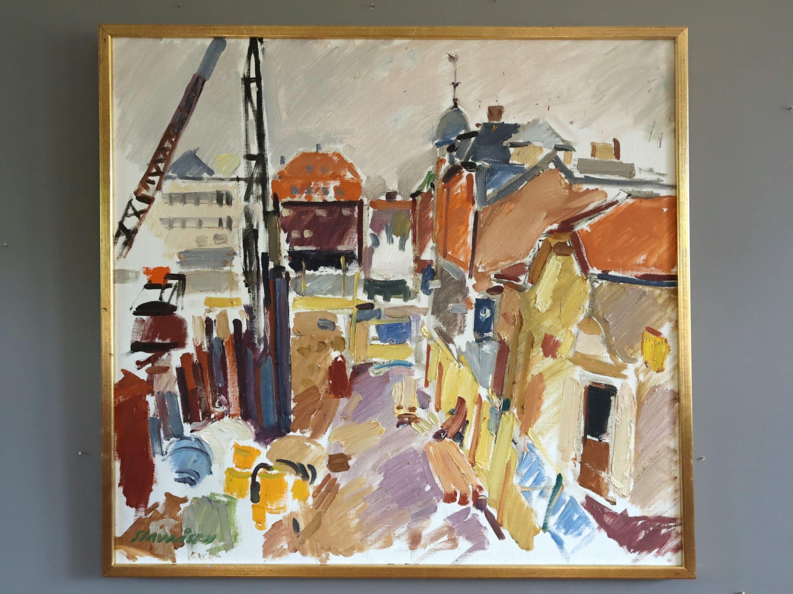 1970 Modernist Vintage Original Straßenszene Ölgemälde - Impression einer Stadt – Painting von Unknown