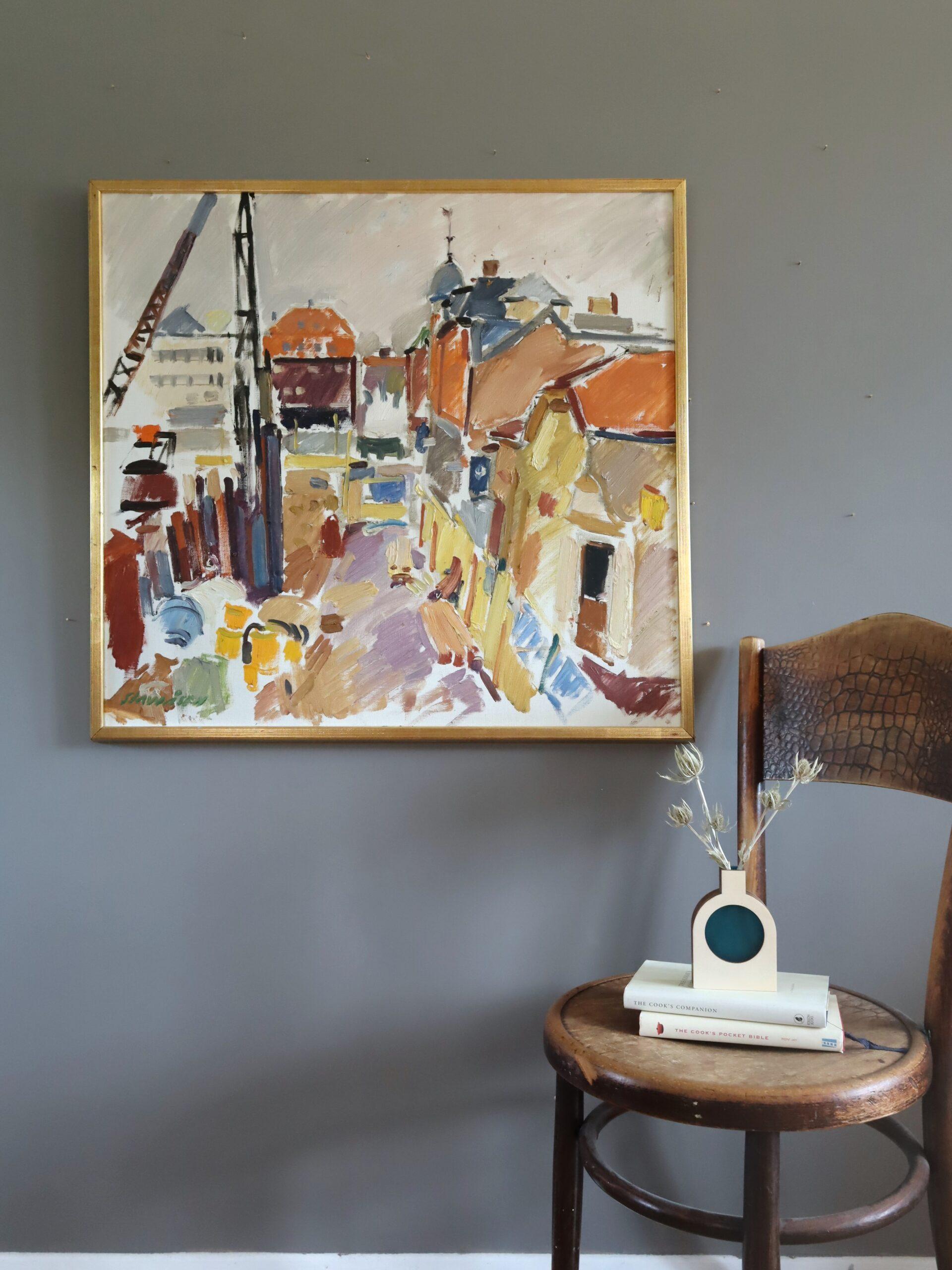 1970 Modernist Vintage Original Straßenszene Ölgemälde - Impression einer Stadt (Moderne), Painting, von Unknown