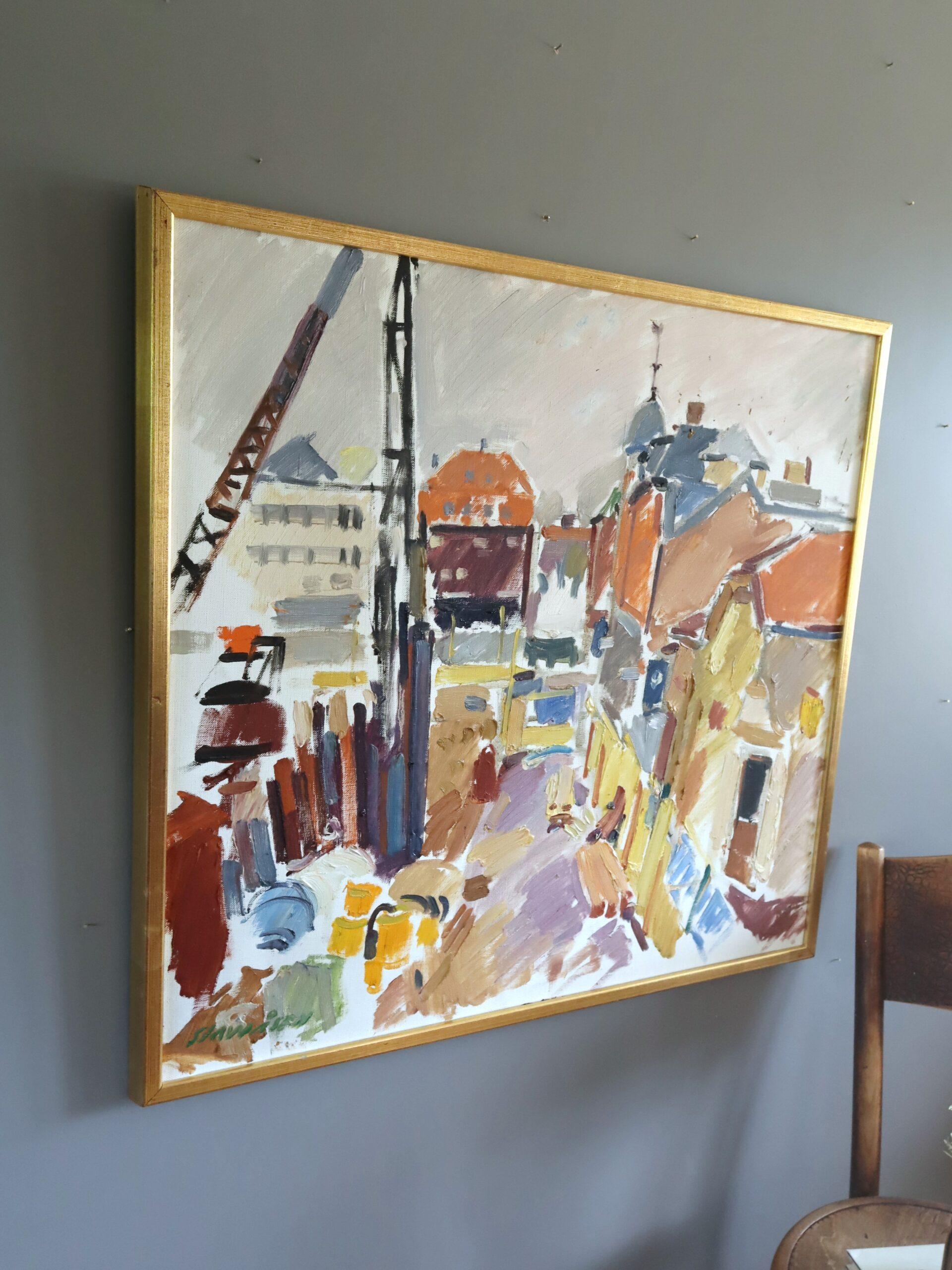1970 Modernist Vintage Original Straßenszene Ölgemälde - Impression einer Stadt (Braun), Landscape Painting, von Unknown