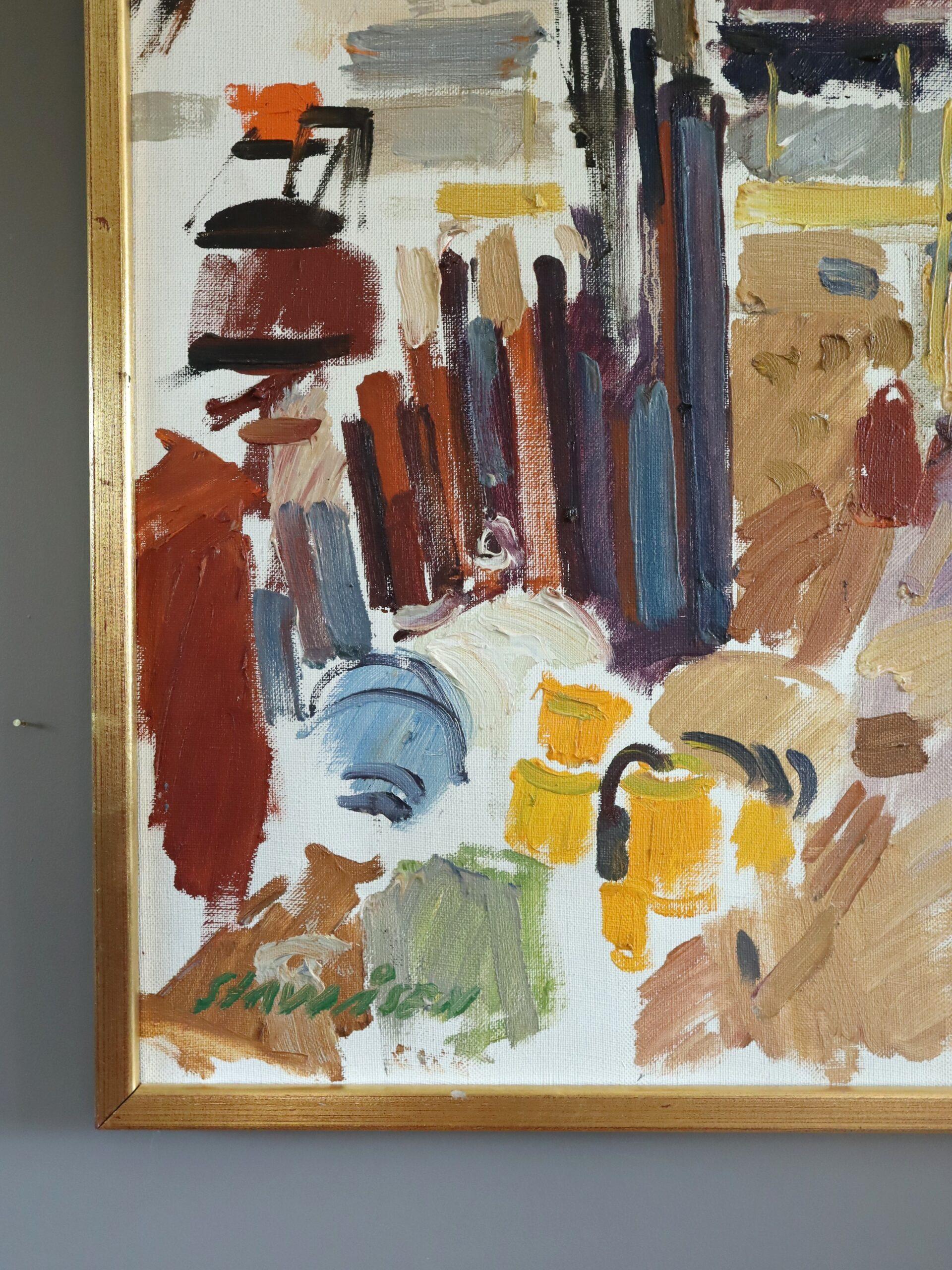 1970 Modernist Vintage Original Straßenszene Ölgemälde - Impression einer Stadt im Angebot 1