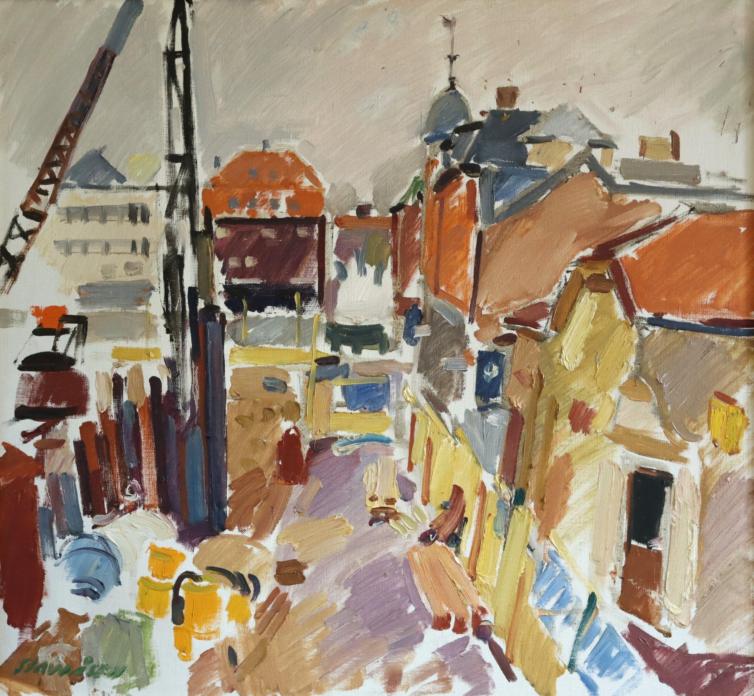 1970 Modernist Vintage Original Straßenszene Ölgemälde - Impression einer Stadt im Angebot 3