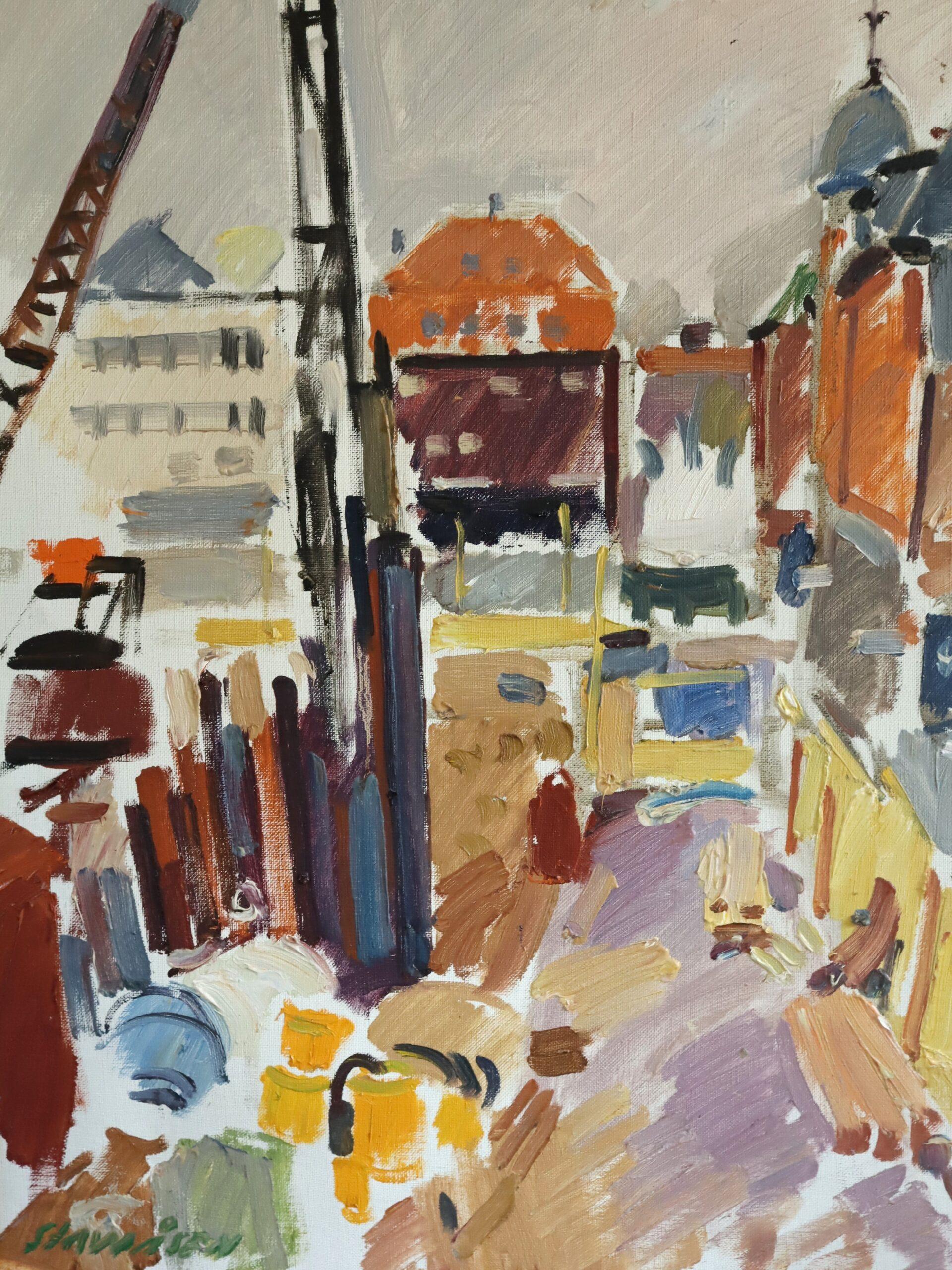 1970 Modernist Vintage Original Straßenszene Ölgemälde - Impression einer Stadt im Angebot 4
