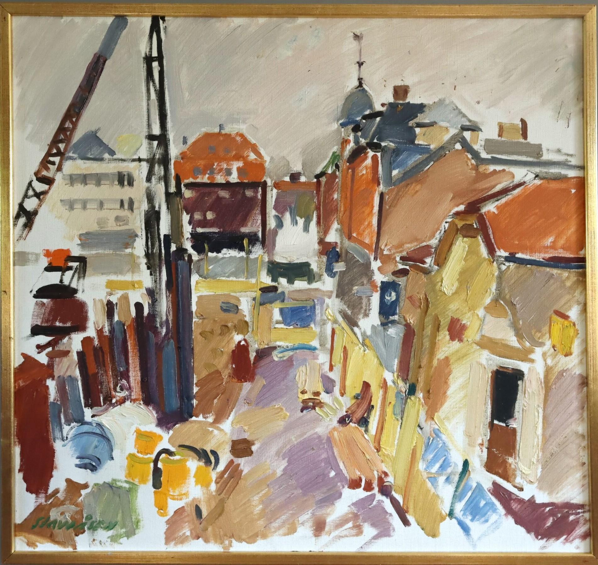 Unknown Landscape Painting – 1970 Modernist Vintage Original Straßenszene Ölgemälde - Impression einer Stadt