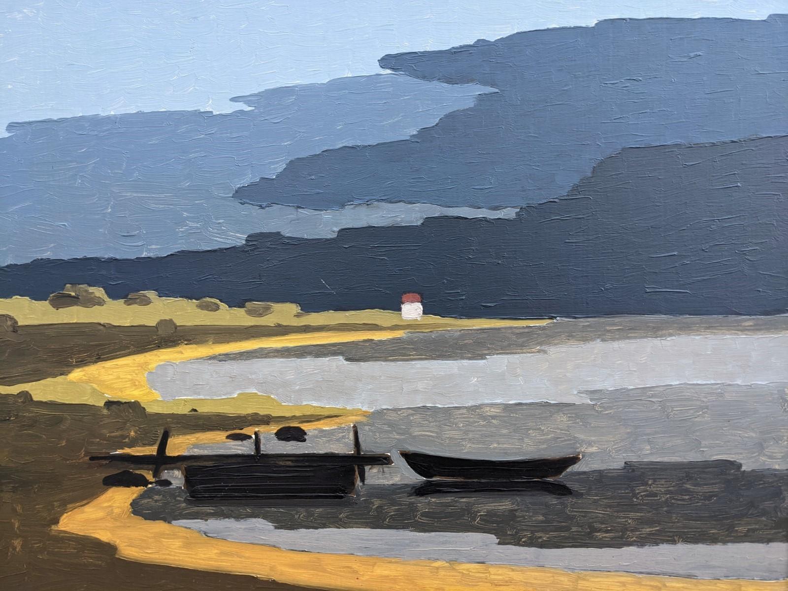 Lake Land
Size: 55 x 64 cm (including frame)
Oil on board

A brilliantly executed modernist landscape composition in oil, painted in 1970.

In this picture, two boats sit in shallow waters, and behind them we see a small cottage that is backed by