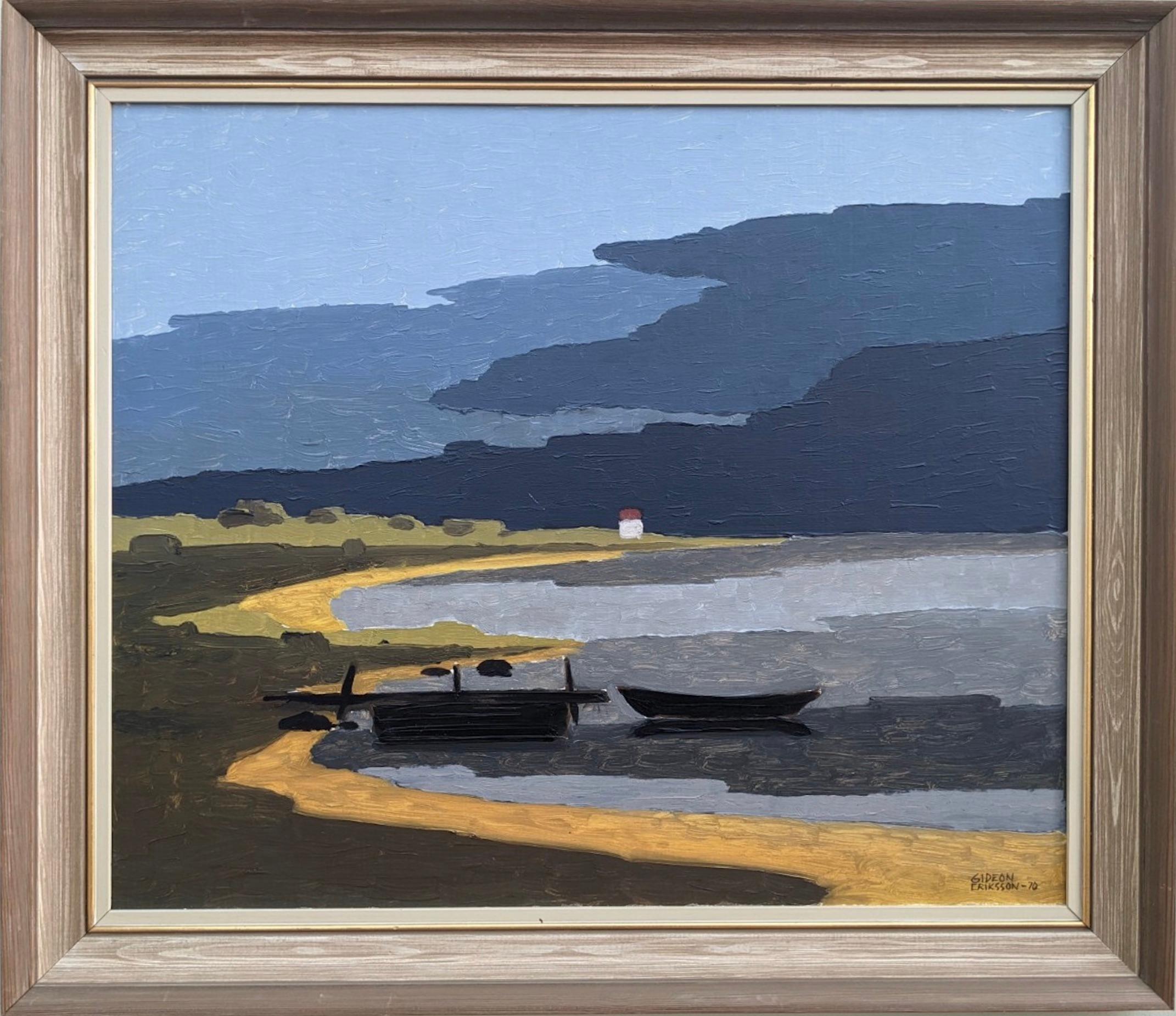 Unknown Landscape Painting - 1970 Vintage Modern Swedish "Lake Land" Vintage Oil Painting, Seascape