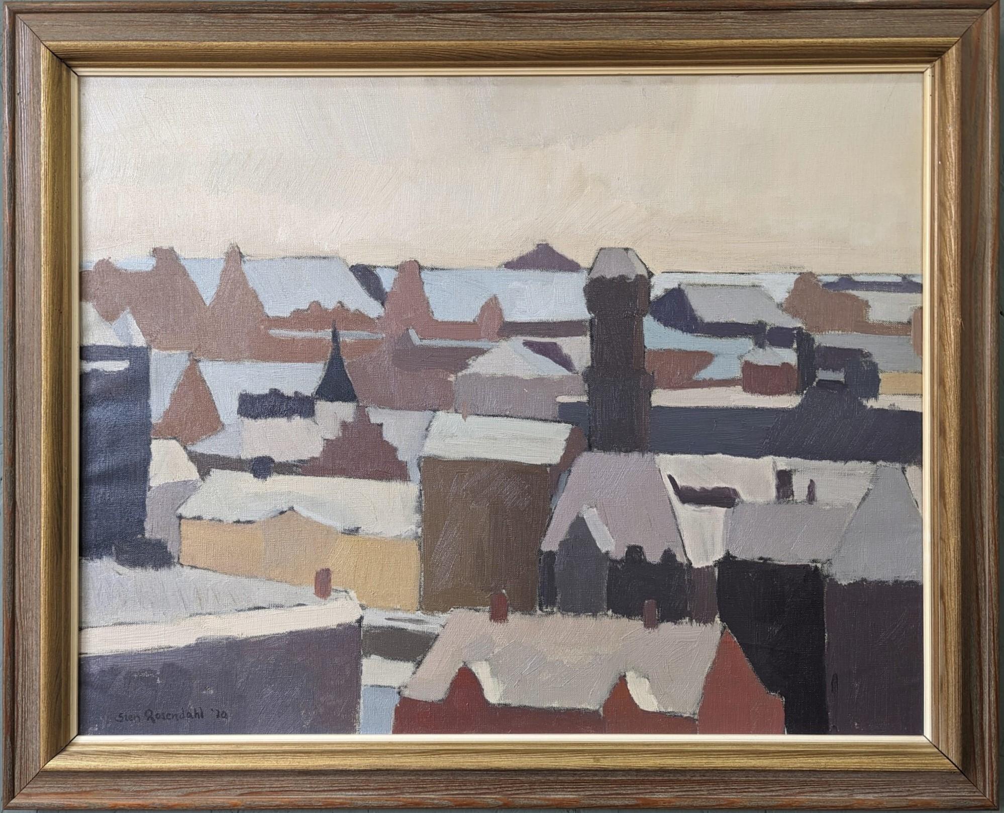 1970 Vintage Original Swedish Cityscape Framed Oil Painting - Rooftop View