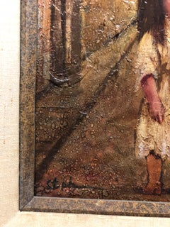 1970s Big Eyed Little Girl with her Puppy Dog Oil Painting