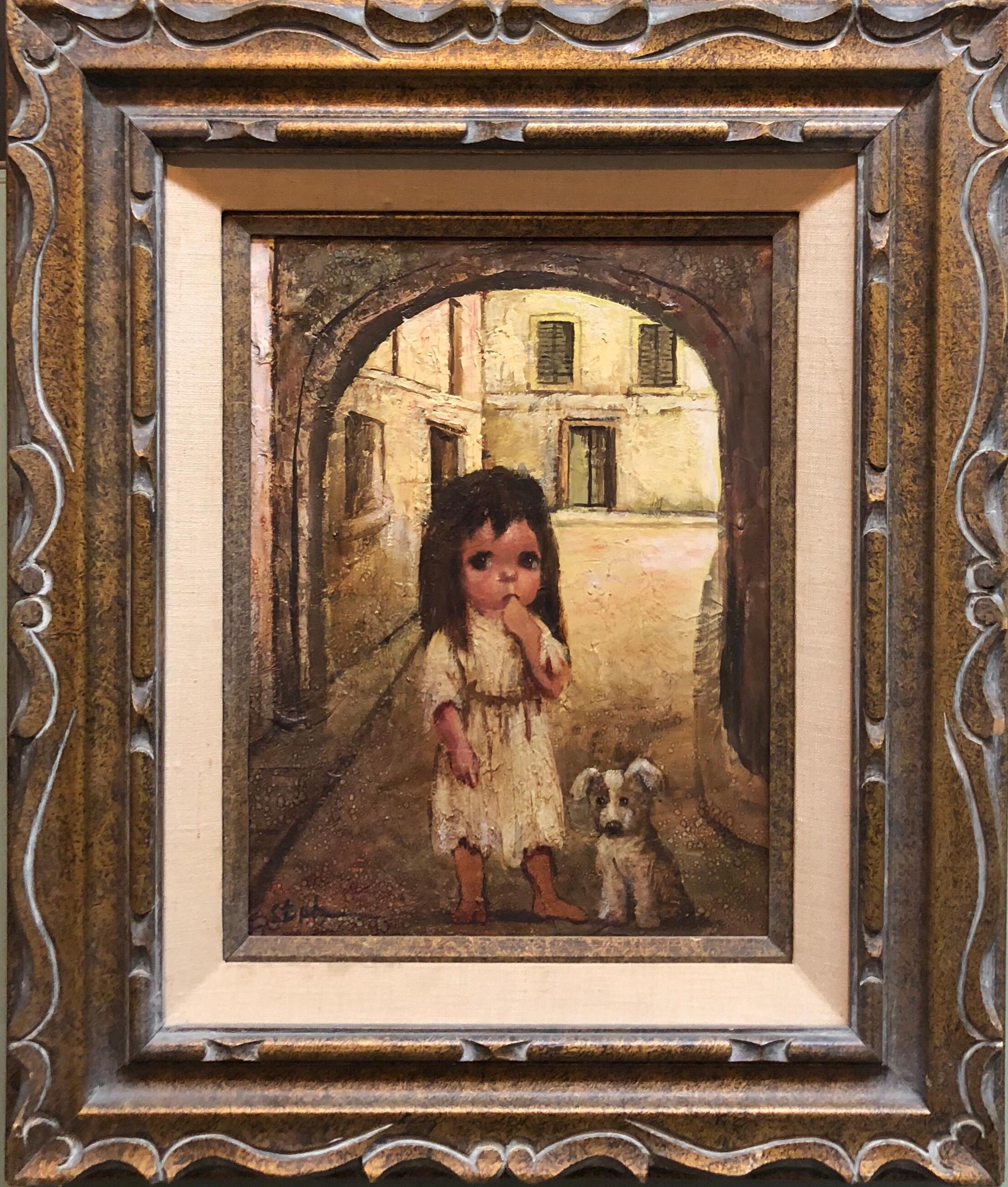 Unknown Figurative Painting - 1970s Big Eyed Little Girl with her Puppy Dog Oil Painting
