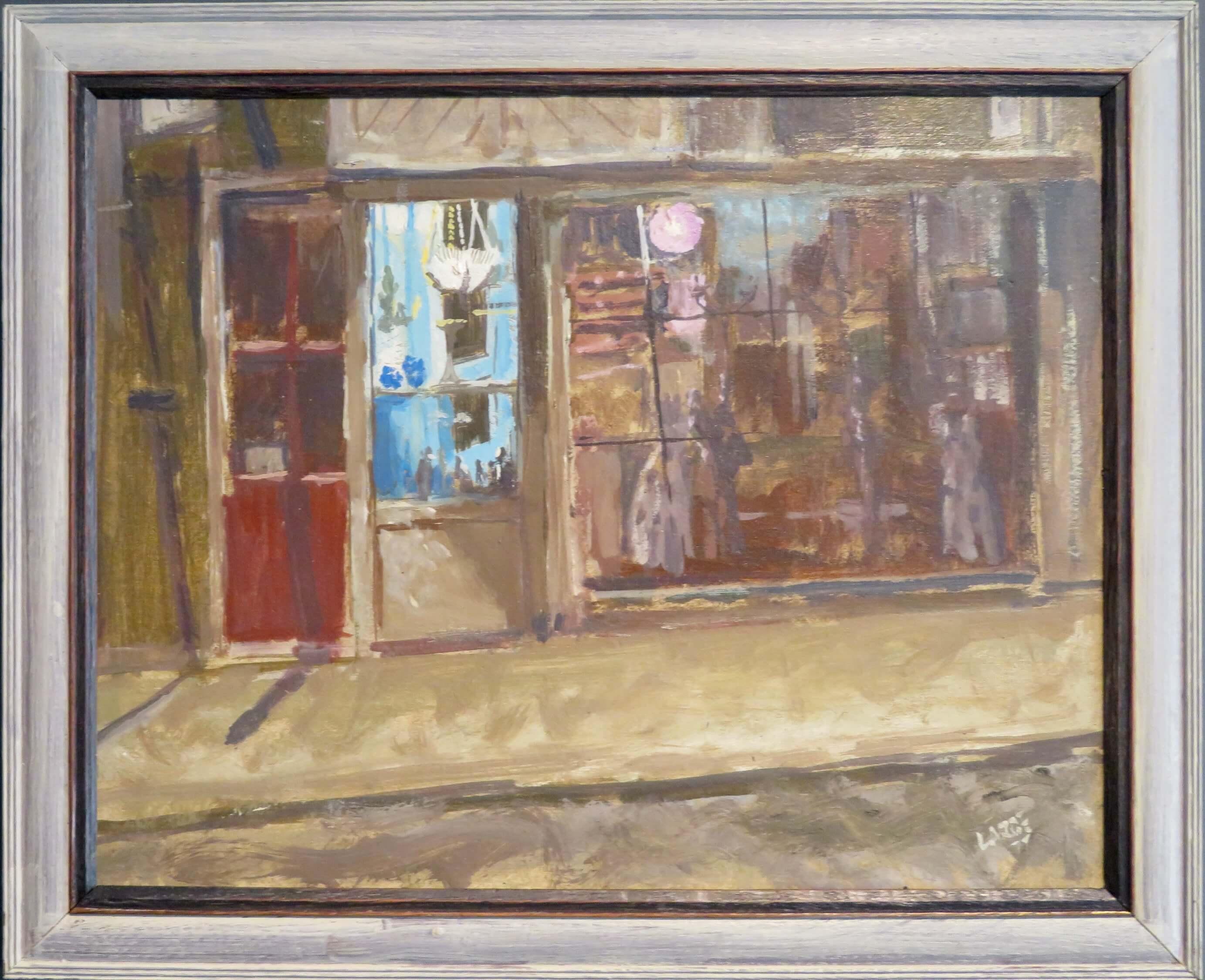 Unknown Landscape Painting – Englisches Ölgemälde aus den 1970er Jahren, das eine Geschäftsstraße bei Nacht zeigt – signiert mit „LARGE '77“