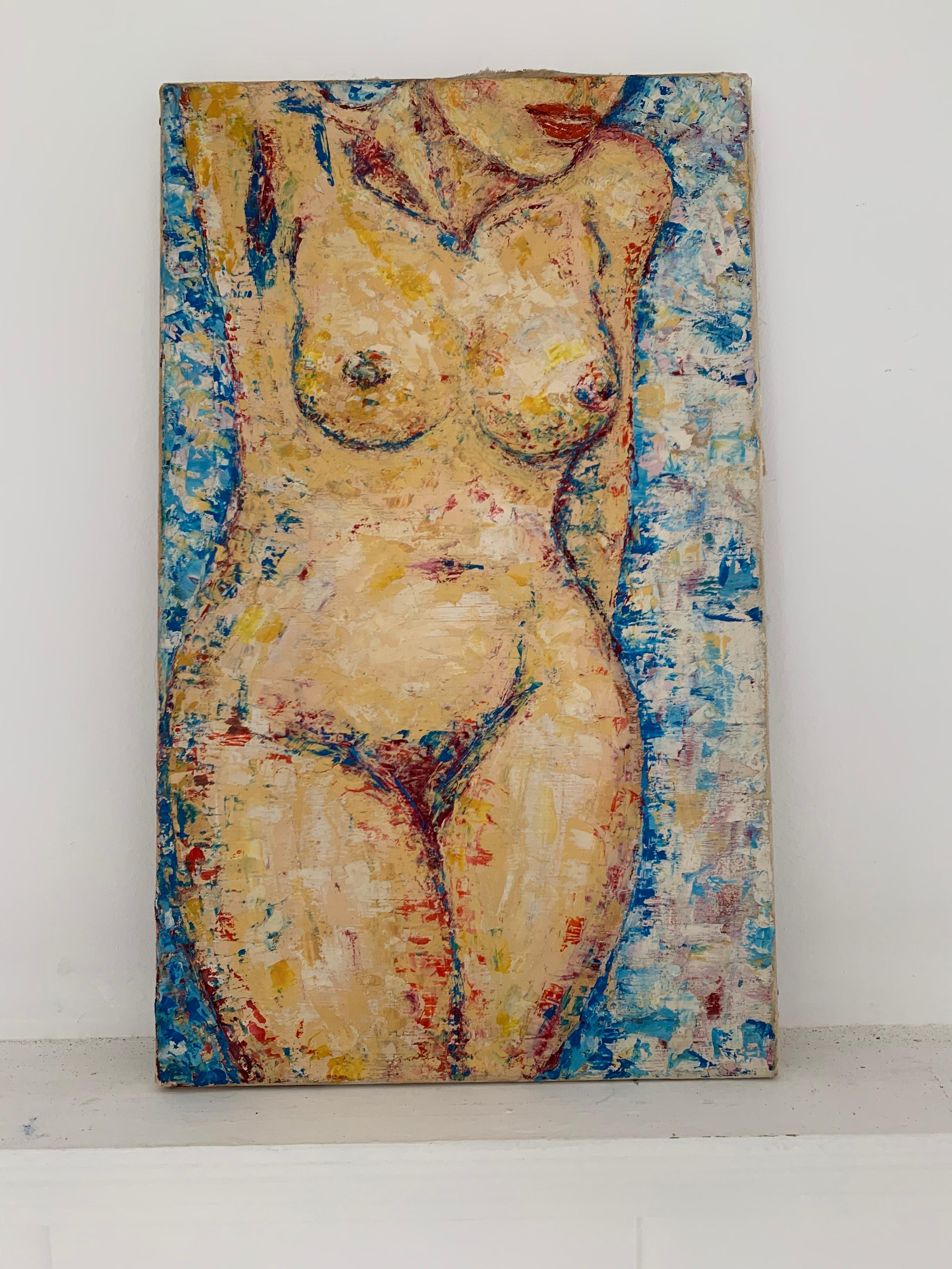 1970er Jahre FRENCH POST-IMpressIONIST OIL - NUDE LADY SUNBATHING BLUE BACKGROUND – Painting von Unknown