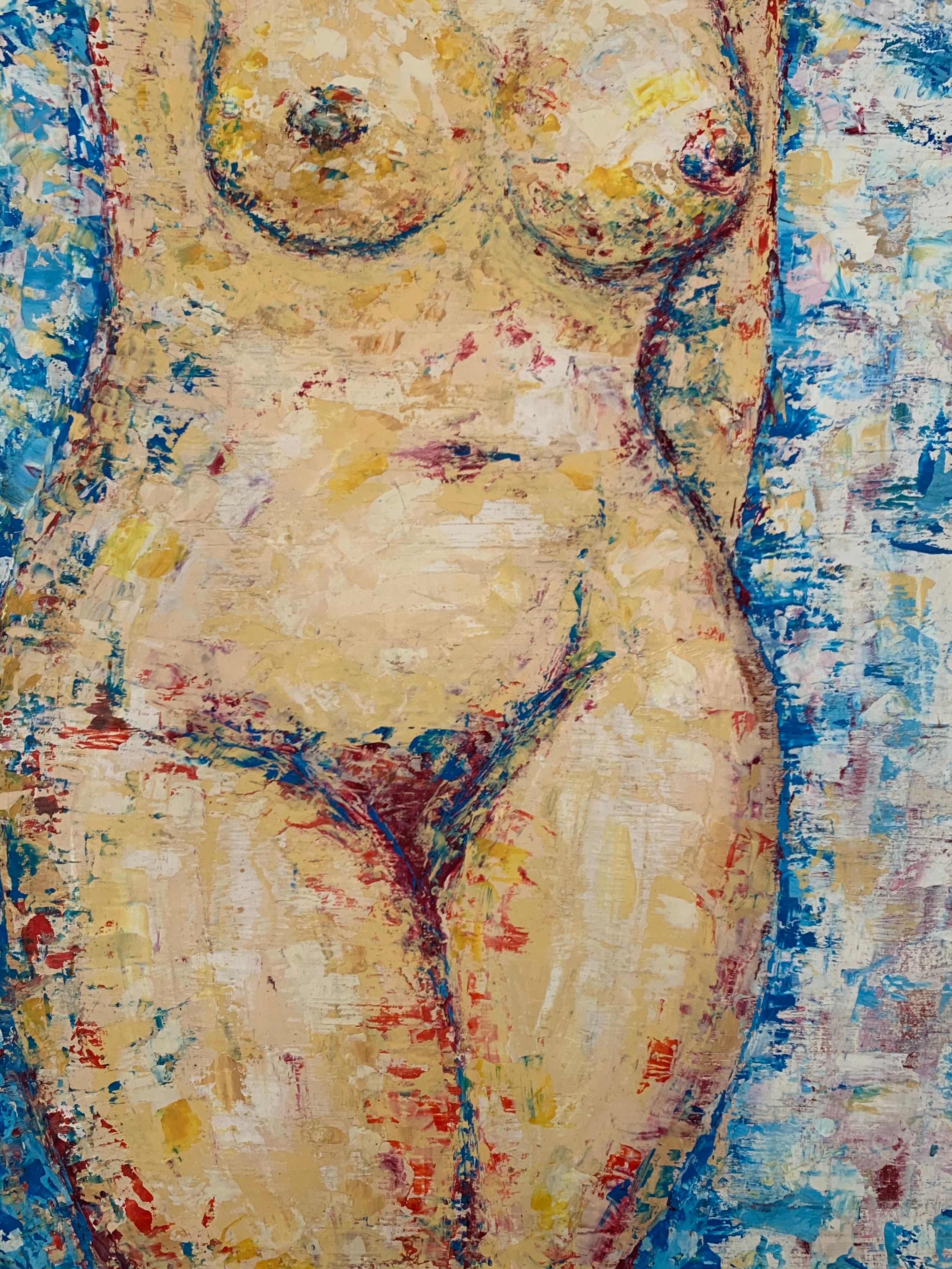 1970er Jahre FRENCH POST-IMpressIONIST OIL - NUDE LADY SUNBATHING BLUE BACKGROUND (Post-Impressionismus), Painting, von Unknown