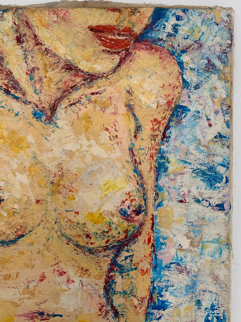 1970's FRENCH POST-IMPRESSIONIST OIL - NUDE LADY SUNBATHING BLUE BACKGROUND For Sale 1