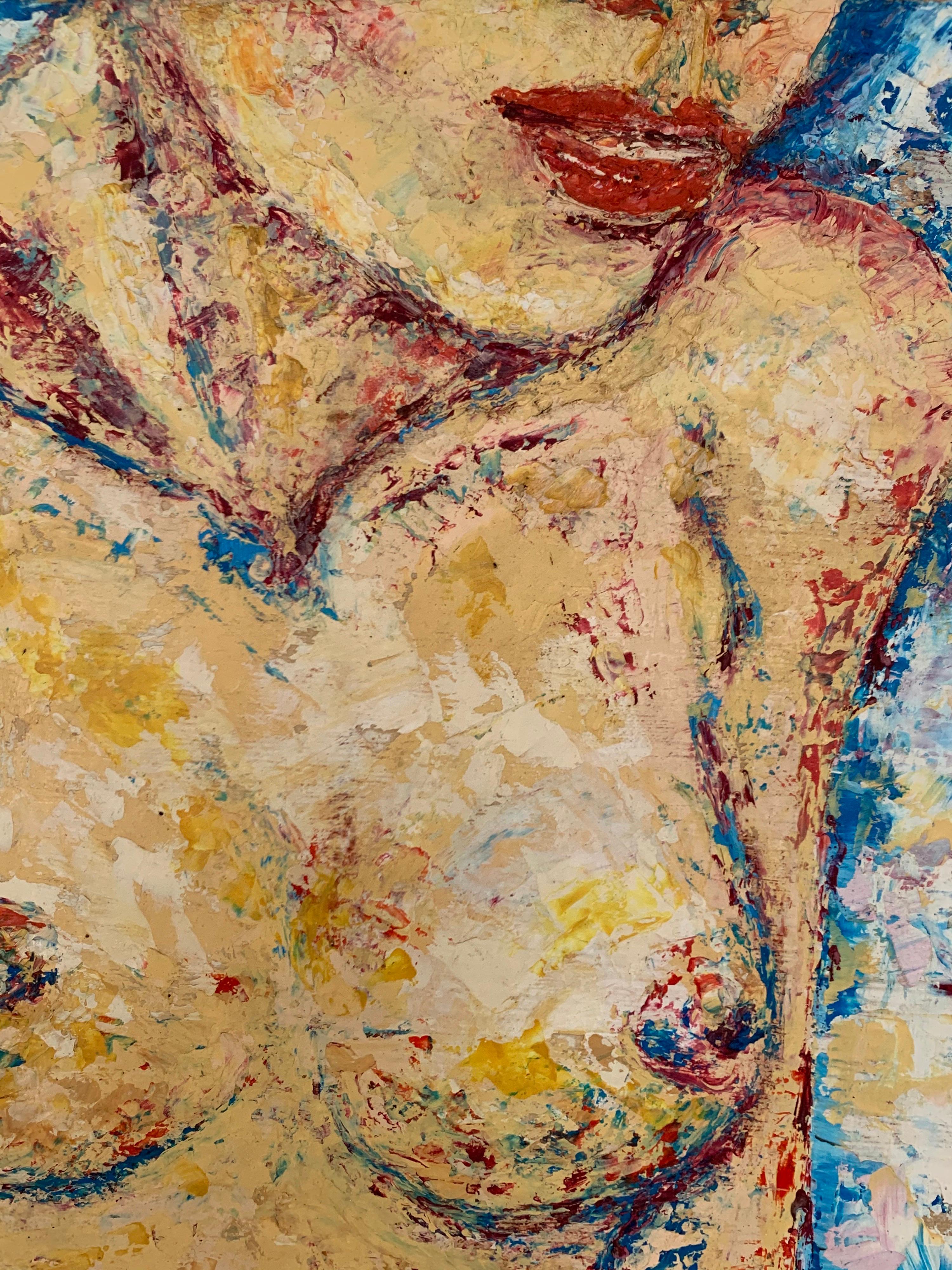 1970er Jahre FRENCH POST-IMpressIONIST OIL - NUDE LADY SUNBATHING BLUE BACKGROUND im Angebot 2