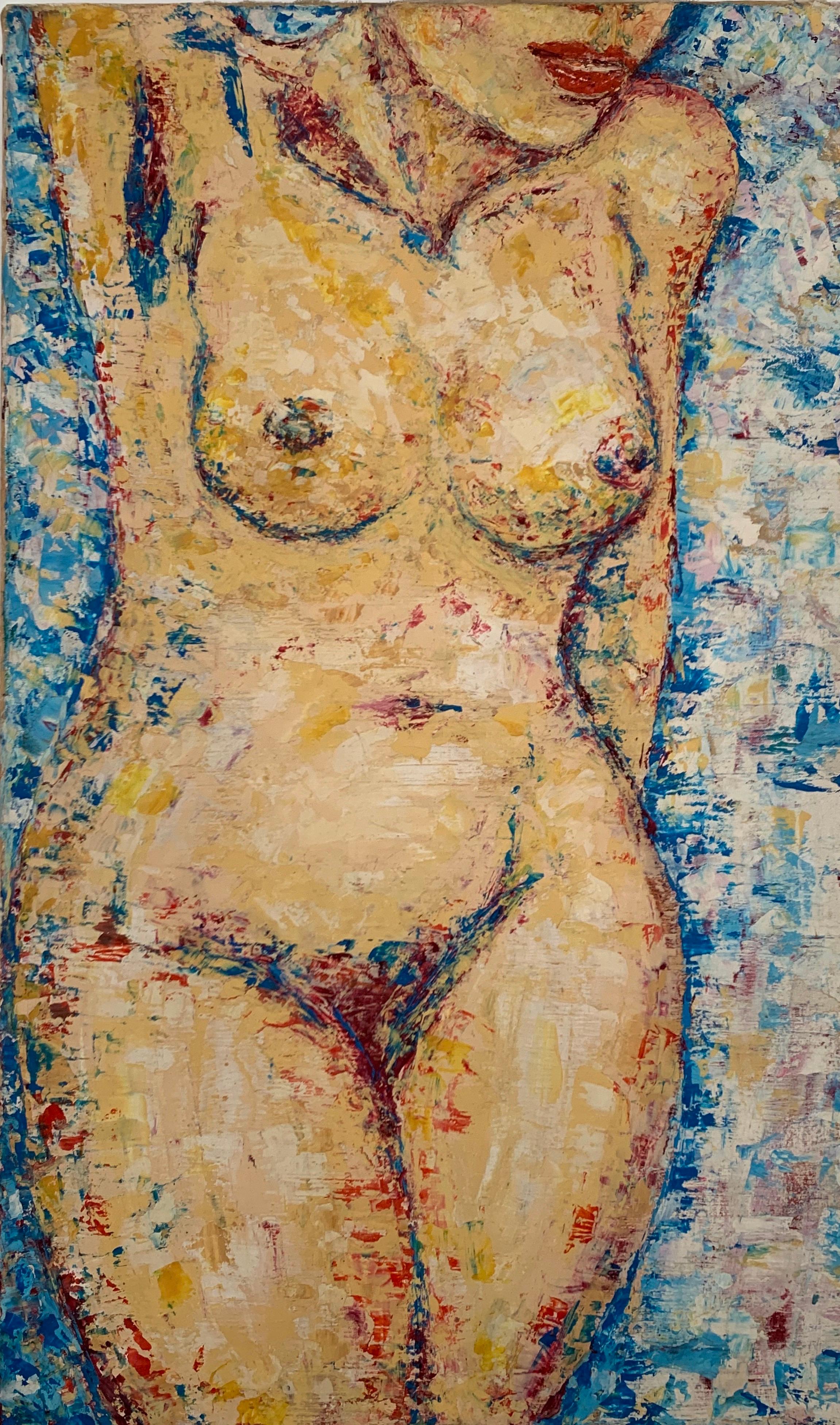 Unknown Figurative Painting - 1970's FRENCH POST-IMPRESSIONIST OIL - NUDE LADY SUNBATHING BLUE BACKGROUND