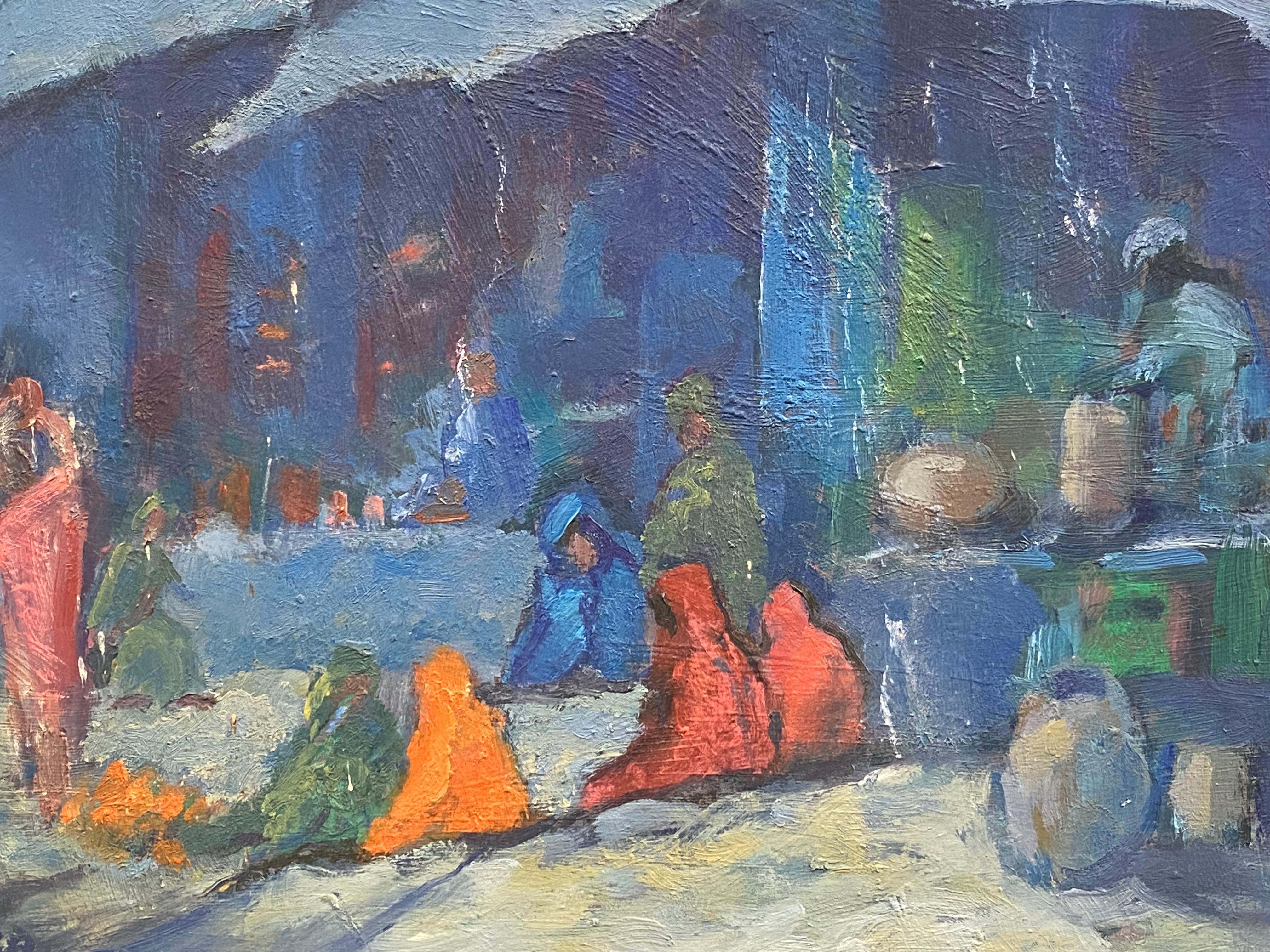 1970's Impressionist Oil Painting, Mount Abu Market Busy Figurative Scene - Gray Figurative Painting by Unknown