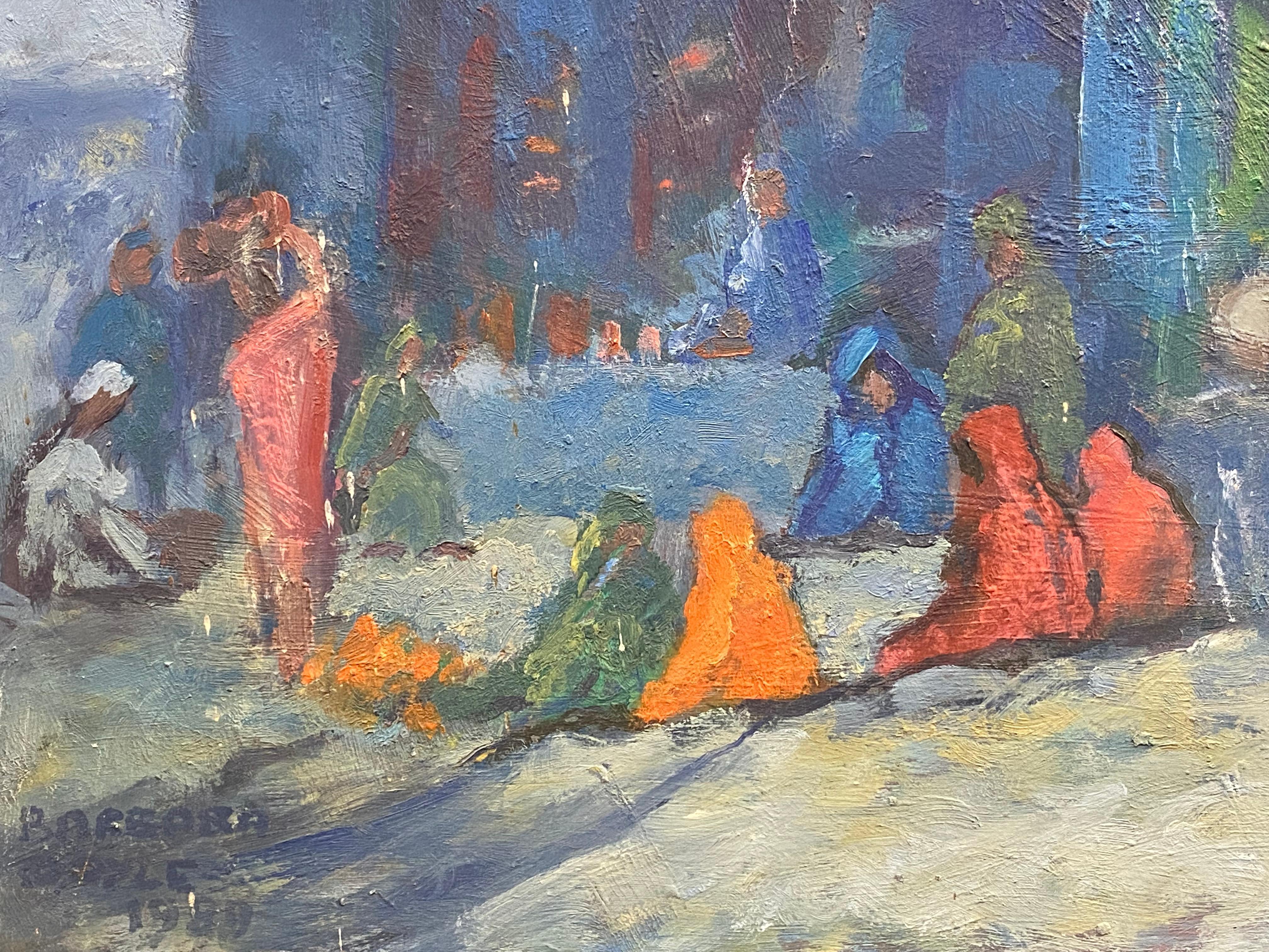 1970's Impressionist Oil Painting, Mount Abu Market Busy Figurative Scene For Sale 1