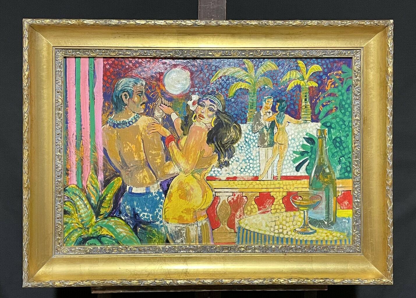 1970's SIGNED OIL - PARTY GOERS NEW YEARS EVE SEMI NUDE DANCERS & PALM TREES - Painting by Unknown