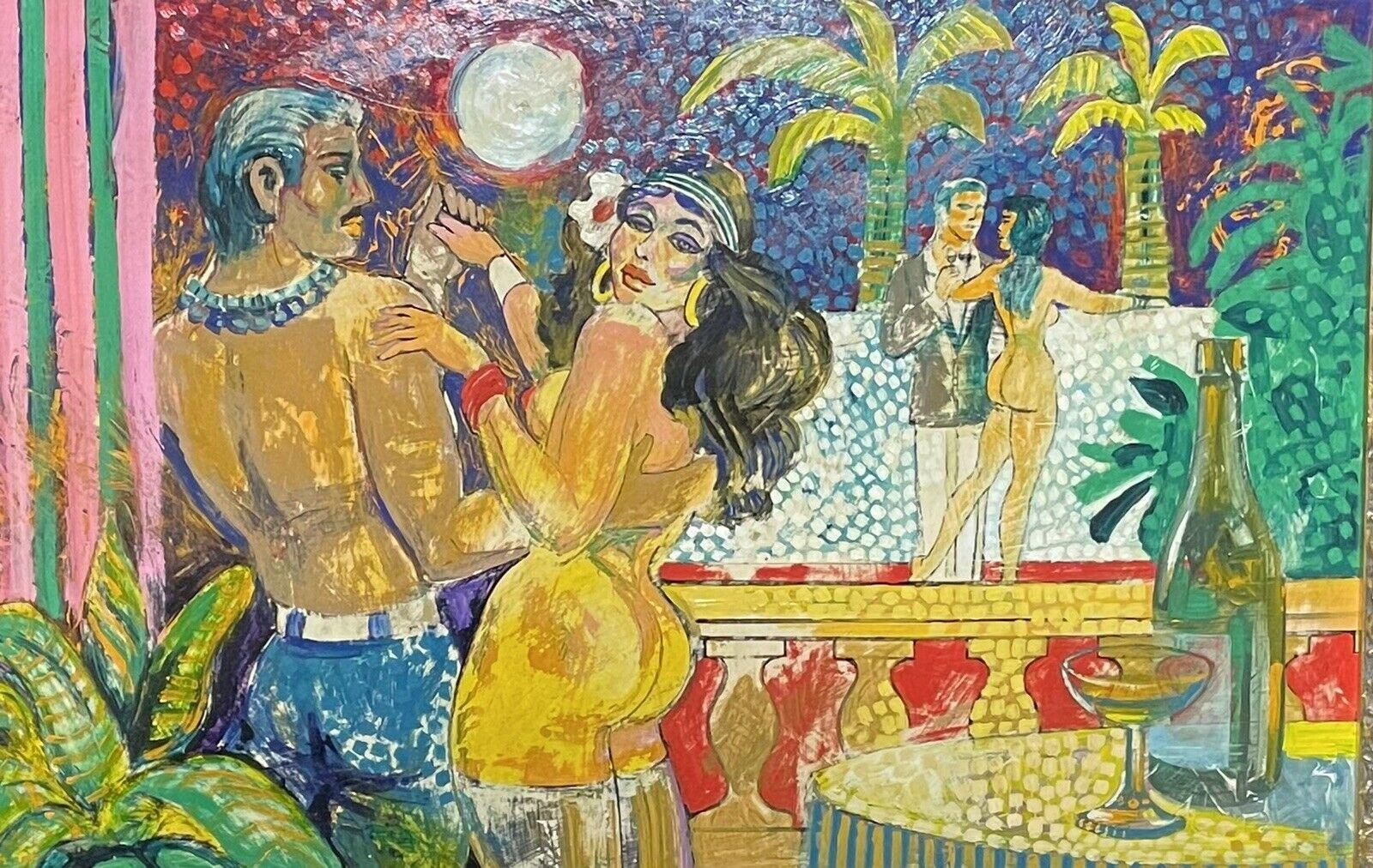 Unknown Figurative Painting - 1970's SIGNED OIL - PARTY GOERS NEW YEARS EVE SEMI NUDE DANCERS & PALM TREES