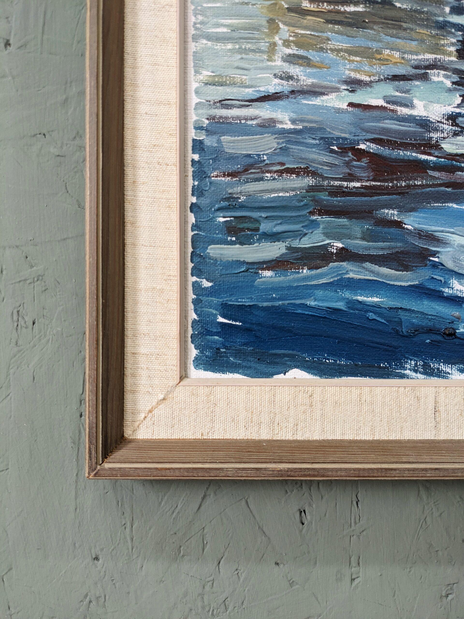 1971 Mid-Century Modern Swedish Framed River Landscape Oil Painting - Boathouse For Sale 8