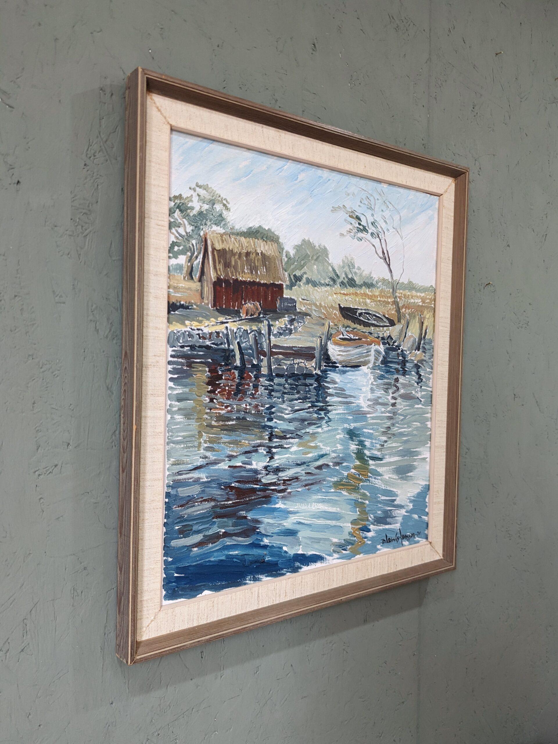 1971 Mid-Century Modern Swedish Framed River Landscape Oil Painting - Boathouse For Sale 2