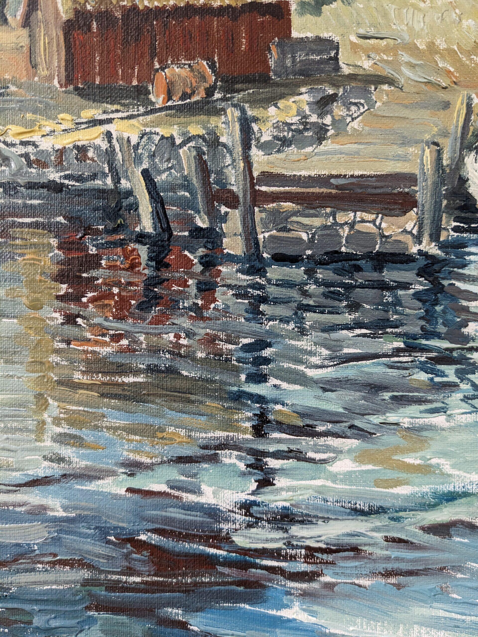 1971 Mid-Century Modern Swedish Framed River Landscape Oil Painting - Boathouse For Sale 2